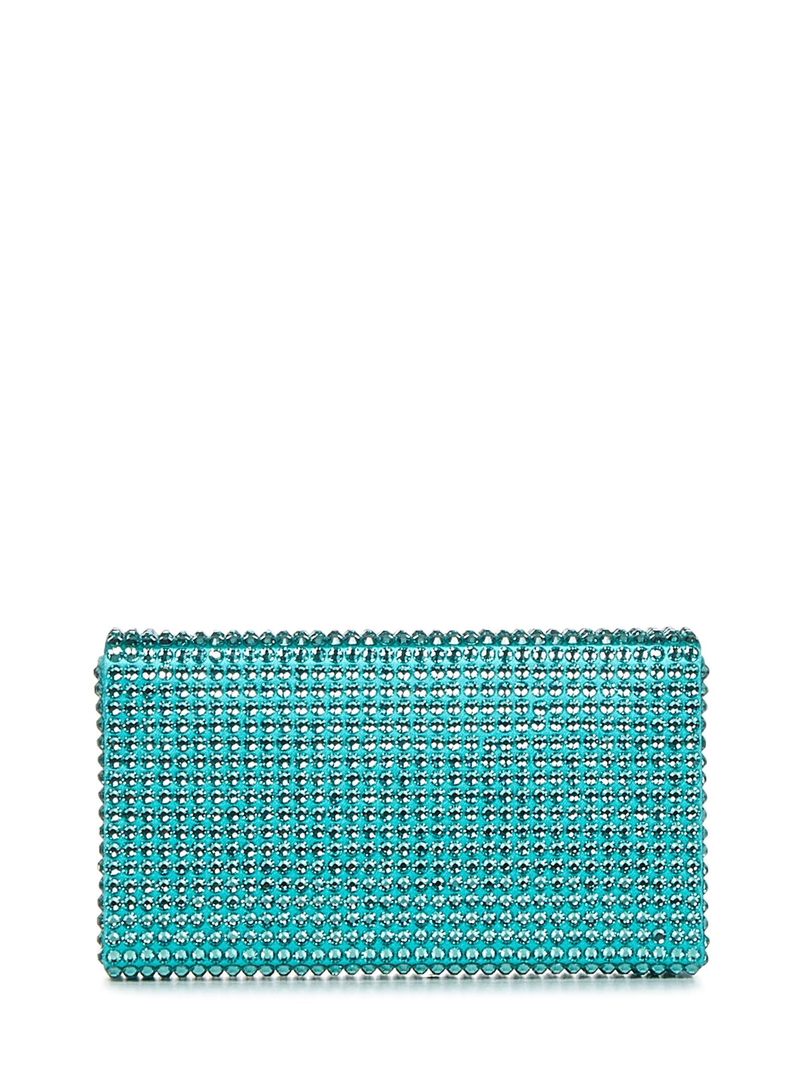 Caribbean-colored silk blend satin and crystals clutch with silver chain shoulder strap. - 2