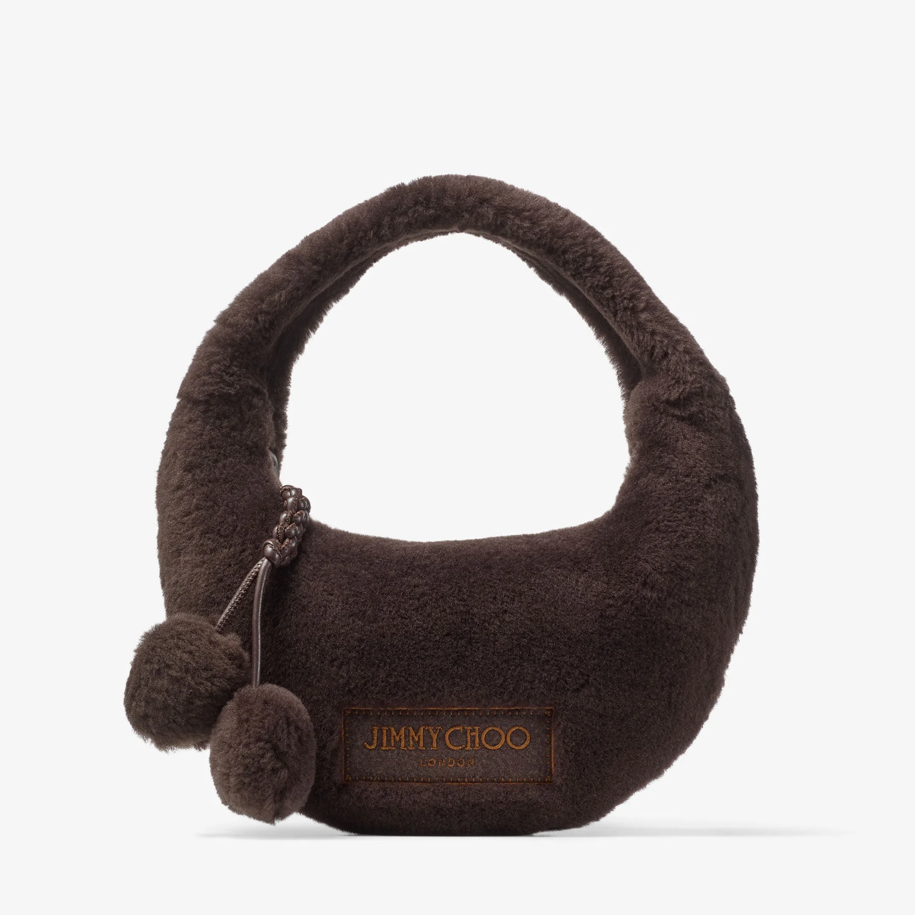 Winter Hobo Chocolate Shearling Hobo Bag with Pom-Poms - 1
