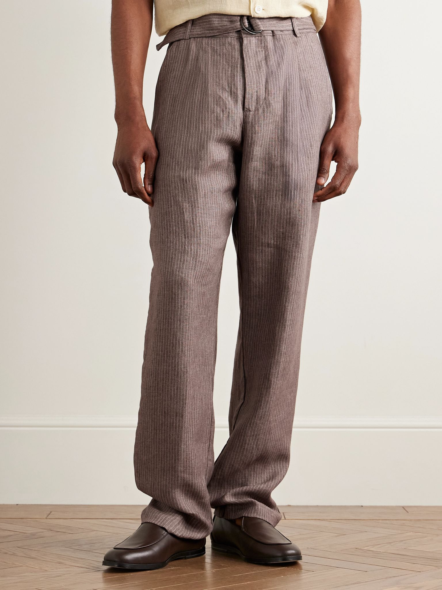 Wilkins Tapered Belted Pinstriped Linen Suit Trousers Brown - 3