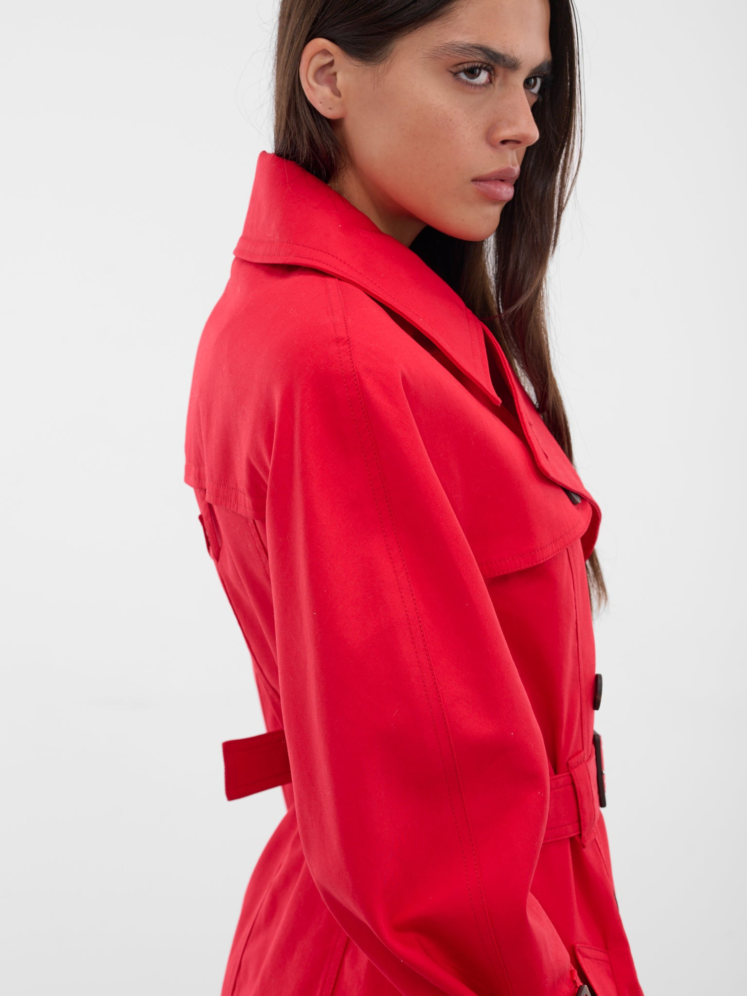 Red Slim Gabardine Trench Coat - 4
