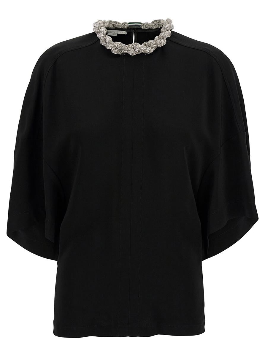 STELLA MCCARTNEY BLACK CREWNECK T-SHIRT WITH CRYSTAL CHAIN IN STRETCH VISCOSE WOMAN - 1