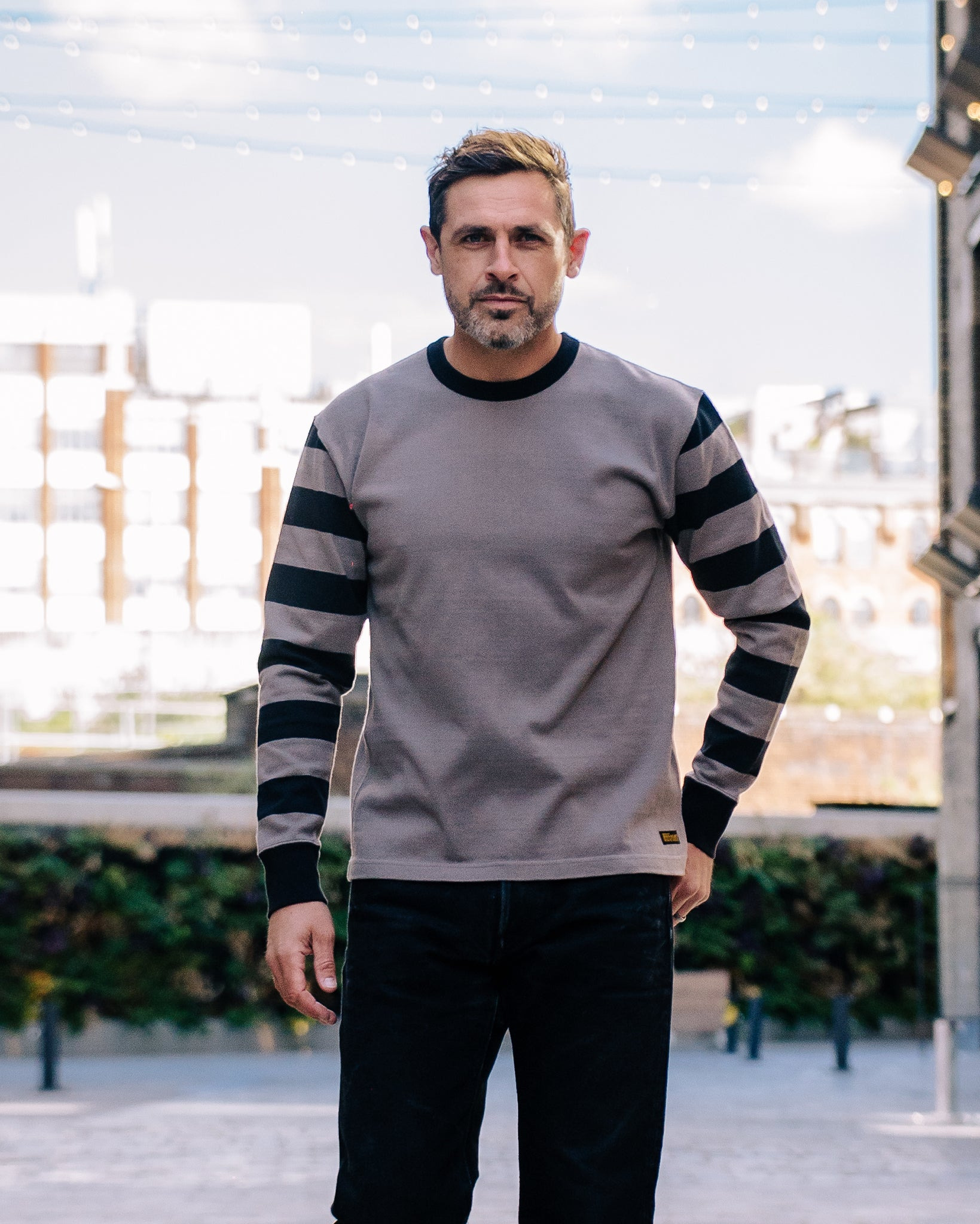 IHTB-12-GRY 11oz Cotton Knit Long-Sleeved Sweater - Grey Body with Stripes - 4