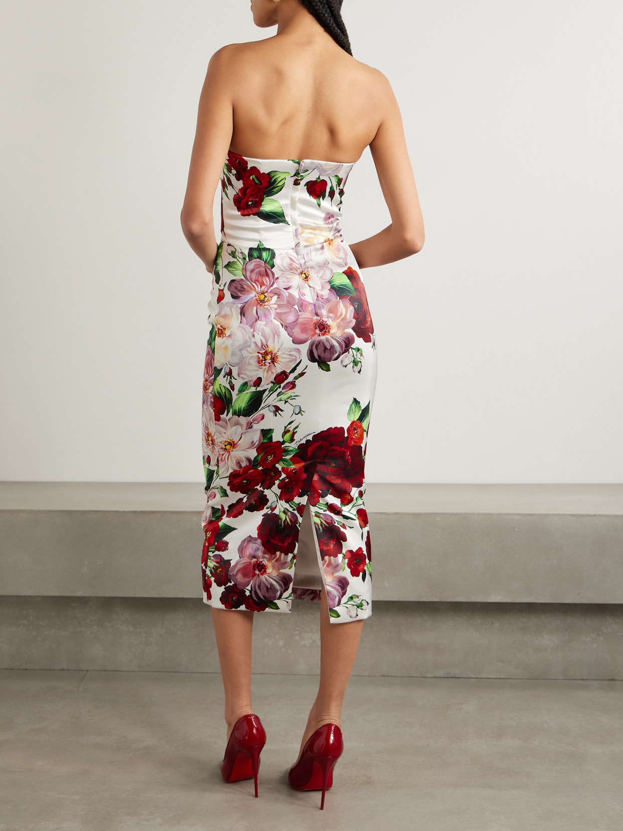 Strapless Floral-print Satin Bustier Midi Dress - 3