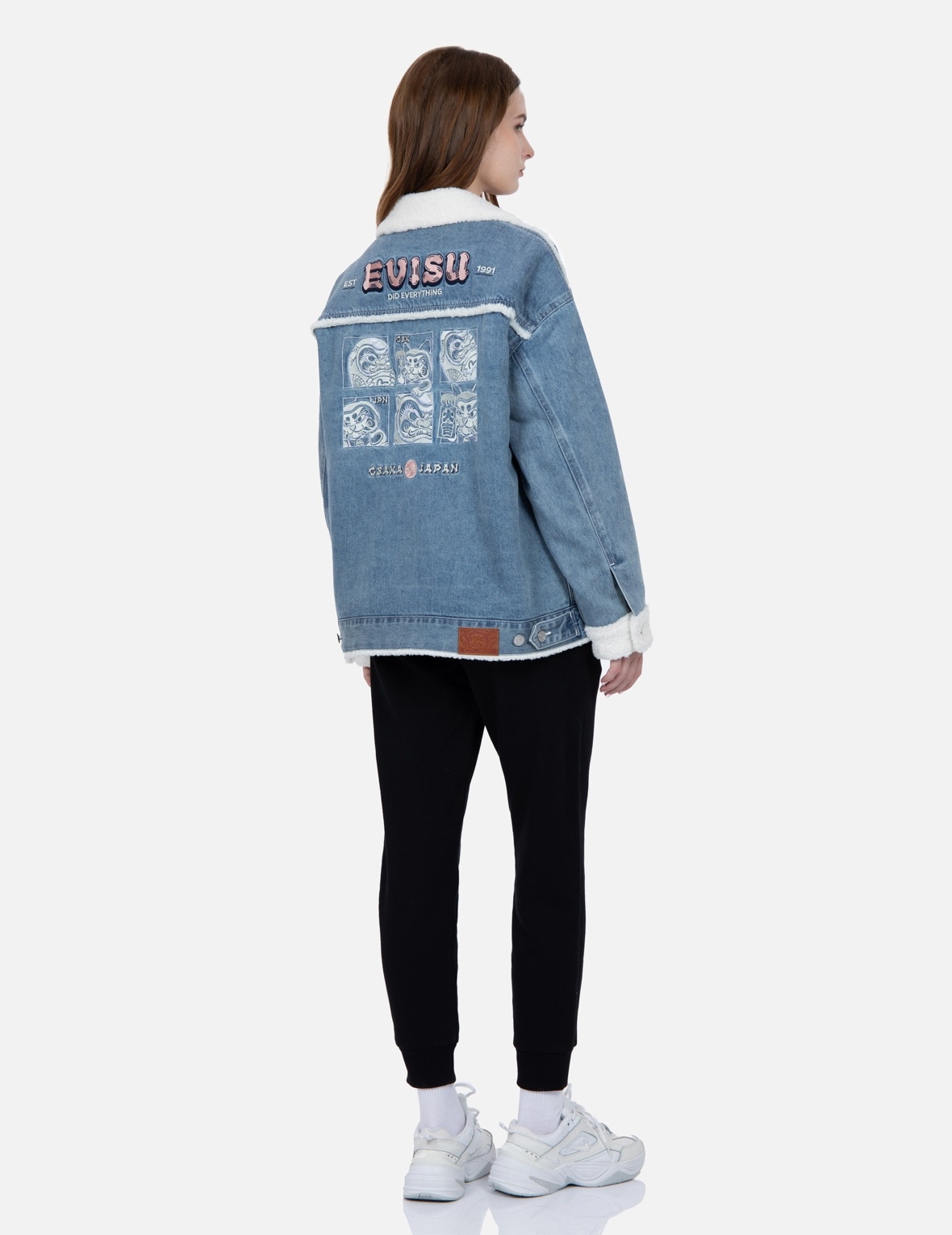 DARUMA AND FORTUNE CAT EMBROIDERY SHERPA-LINED DENIM JACKET - 3