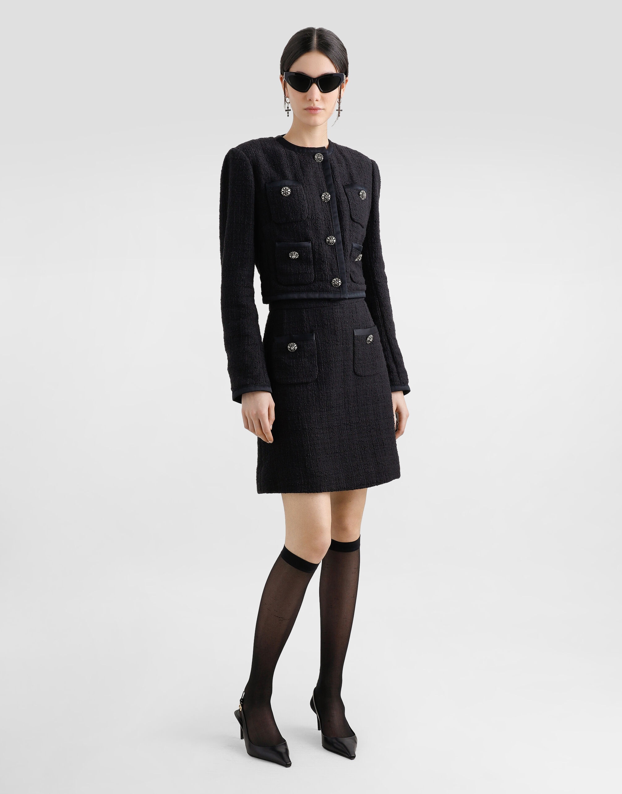Short raschel tweed A-line skirt with bejeweled buttons - 2