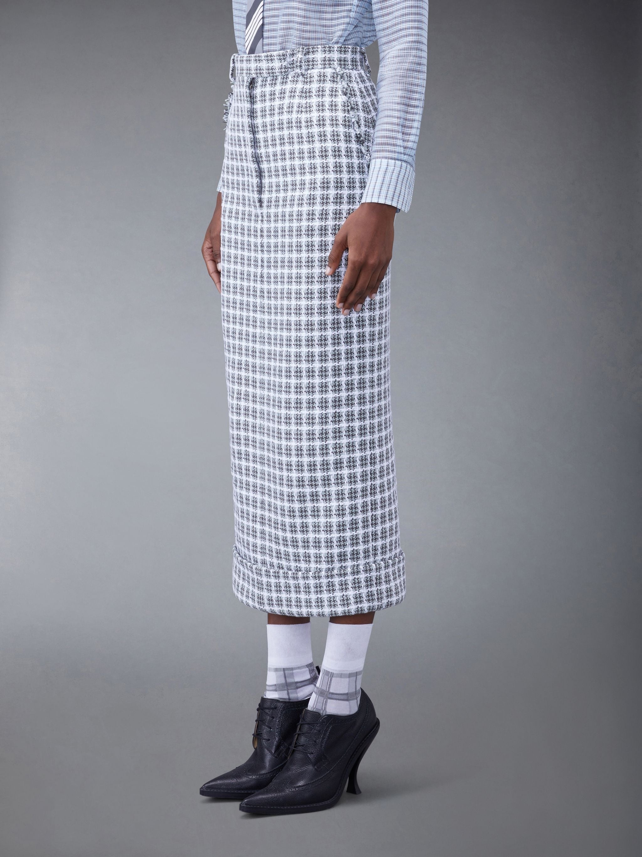 Check Summer Tweed Fray Midi High Waisted Straight Skirt - 2