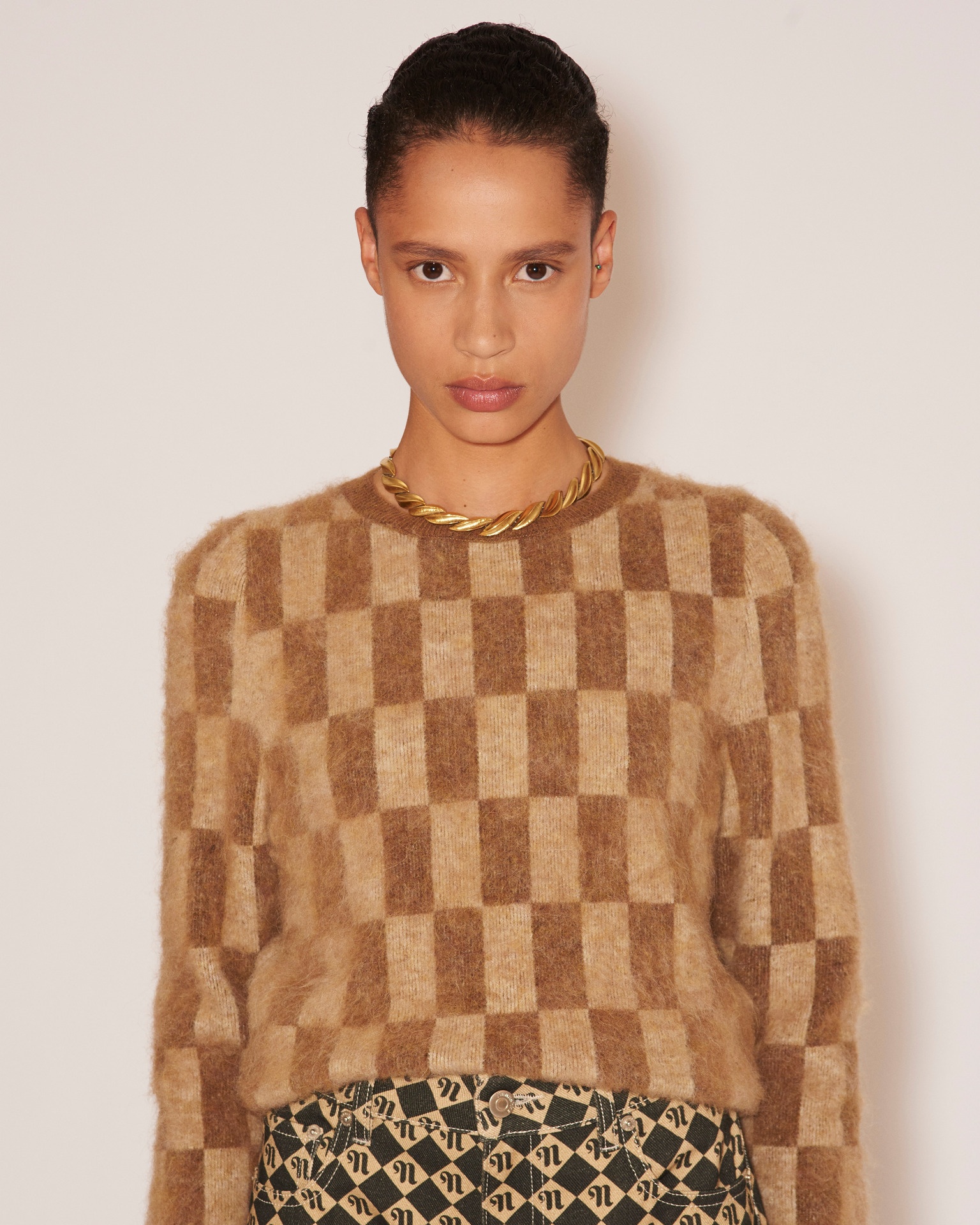 FELINE - Brushed alpaca checkered crew neck sweater - Creme&Brown - 6