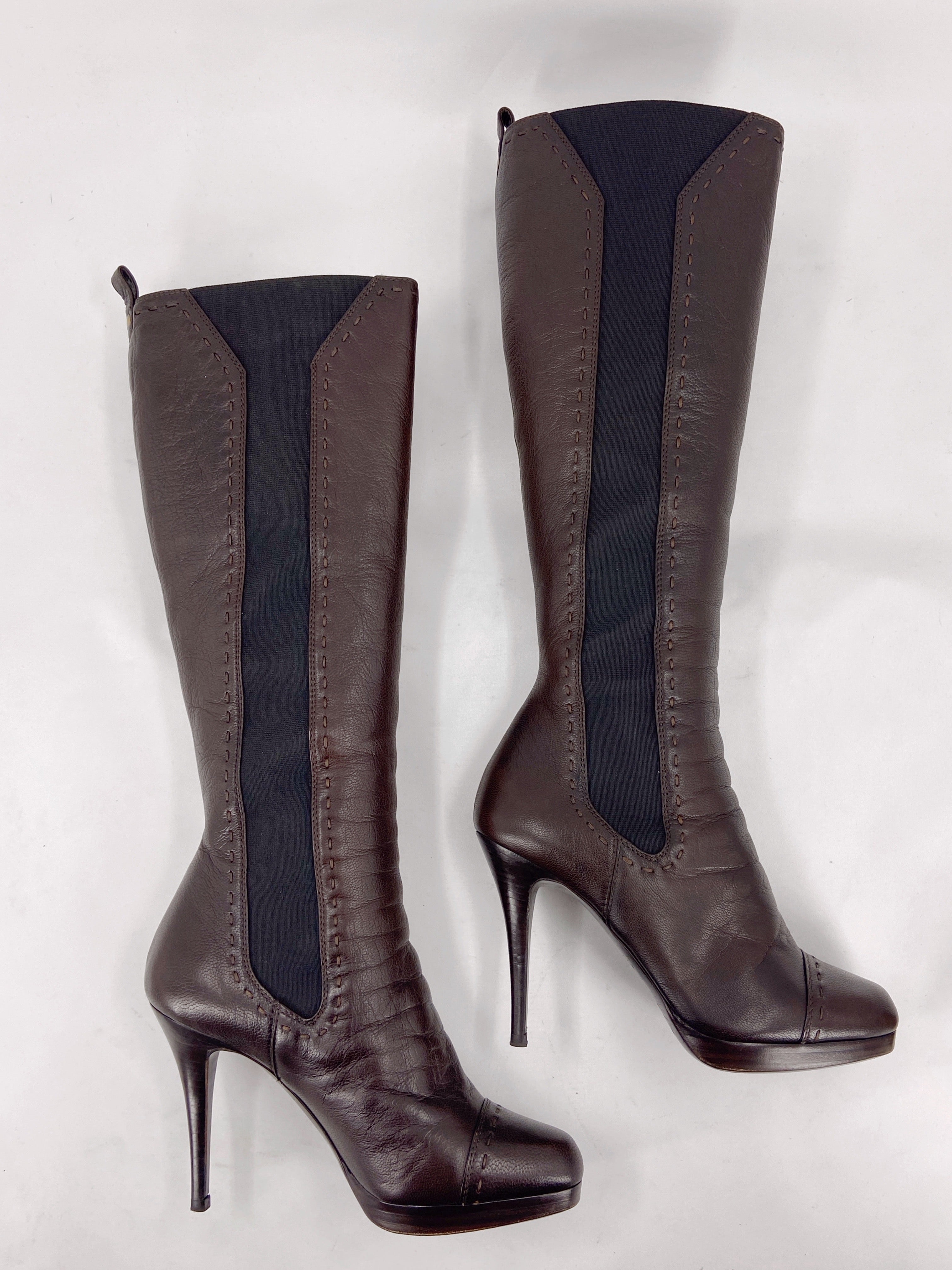 Yves Saint Laurent Rive Gauche Tom Ford Shearling Brown Heeled Stiletto Long Boots 37.5 - 3