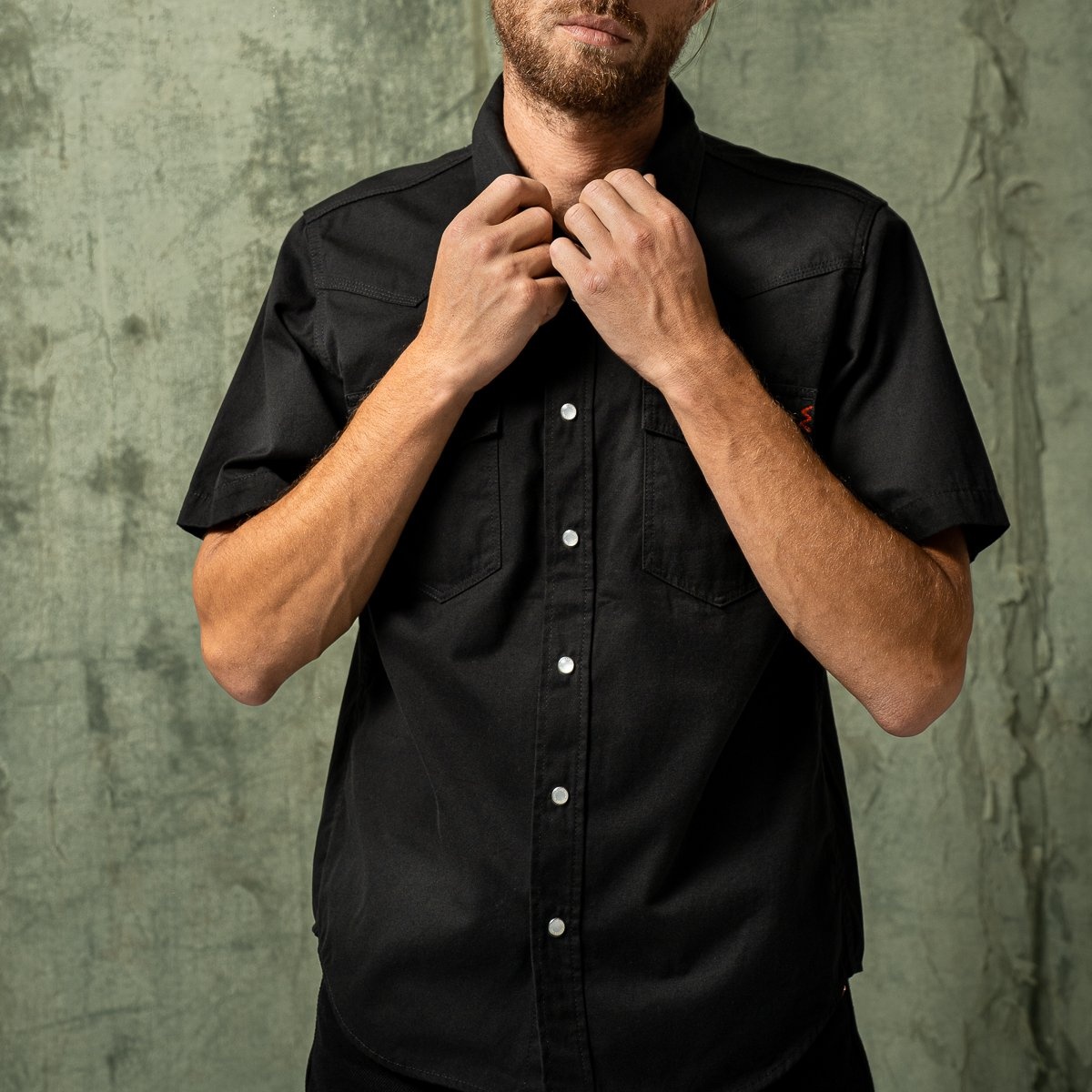 IHSH-387-BLK 7oz Fatigue Cloth Short Sleeved Western Shirt - Black - 5
