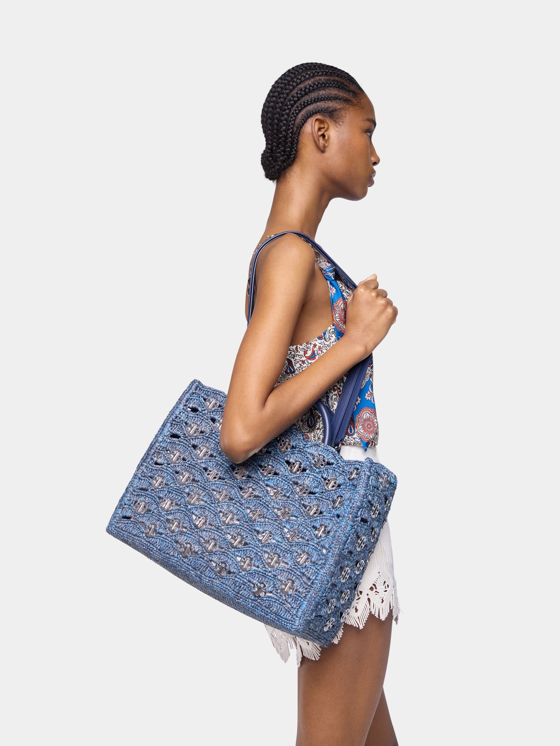 DENIM BLUE TOTE BAG IN RAFFIA - 3
