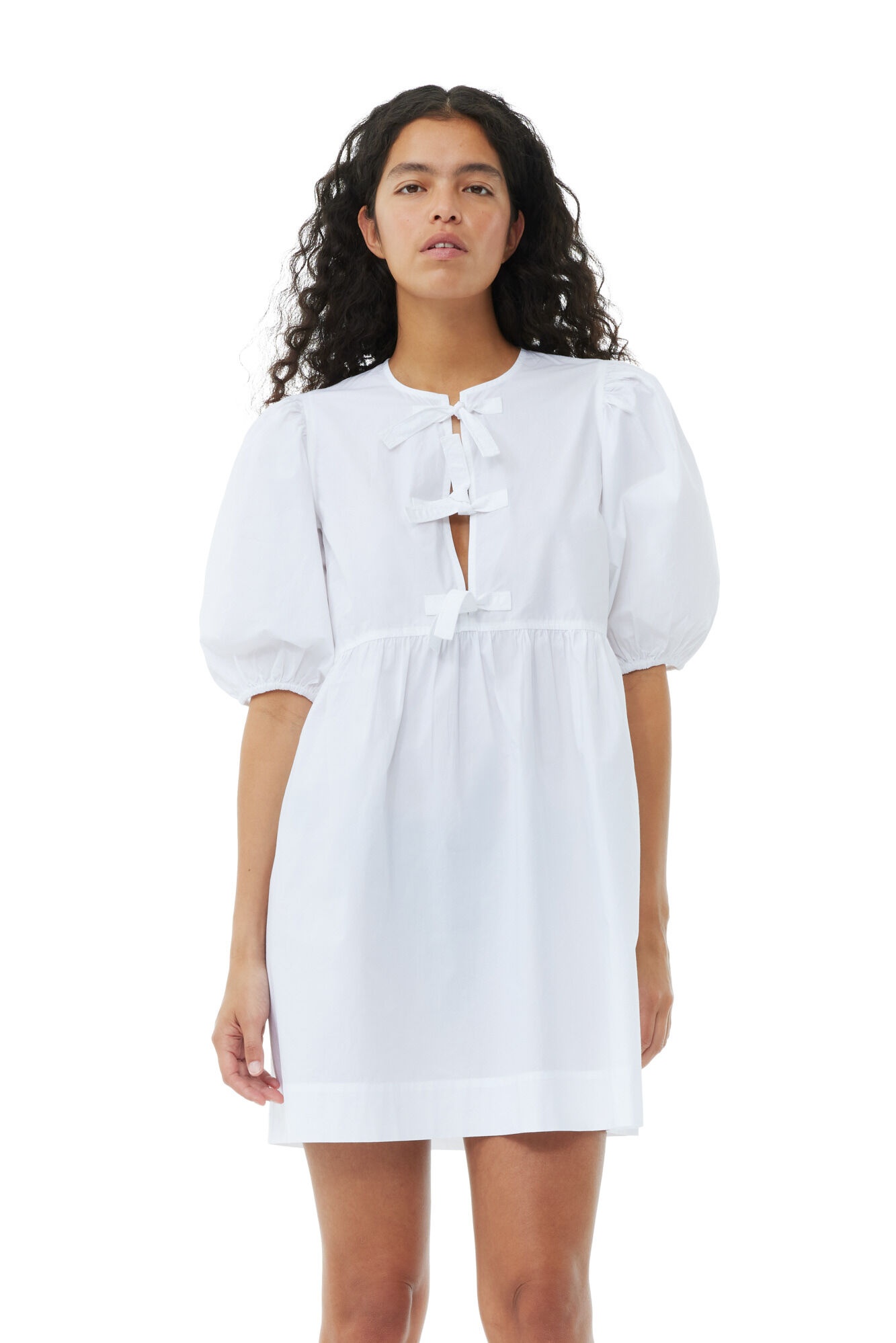 WHITE COTTON POPLIN TIE STRING MINI DRESS - 4