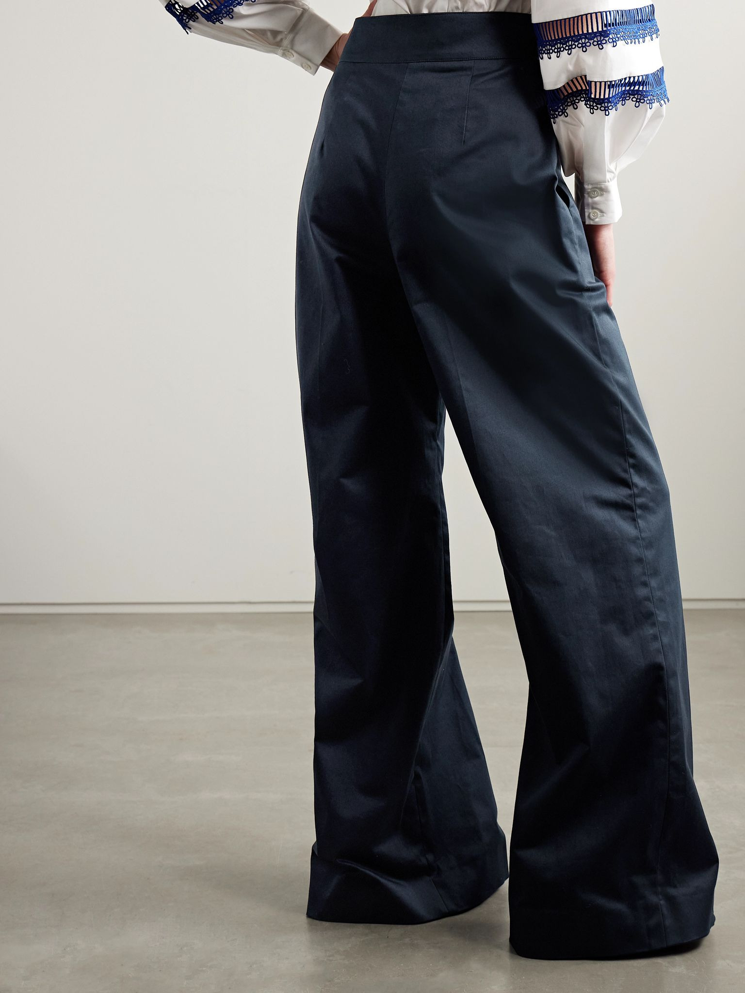 Cotton-blend sateen wide-leg pants Navy - 3