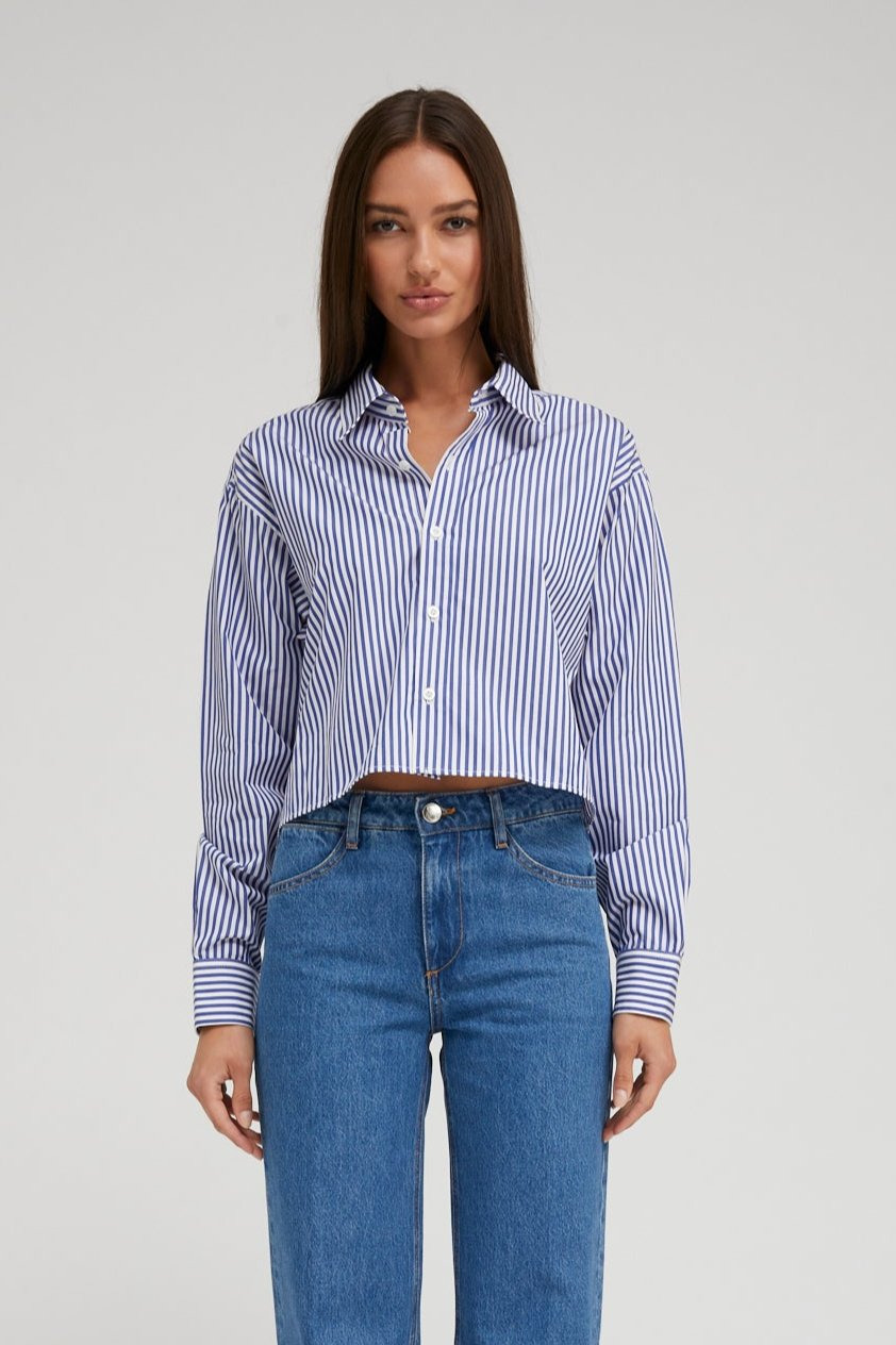 ROYAL BLUE STRIPED CROPPED BUTTON DOWN - 6