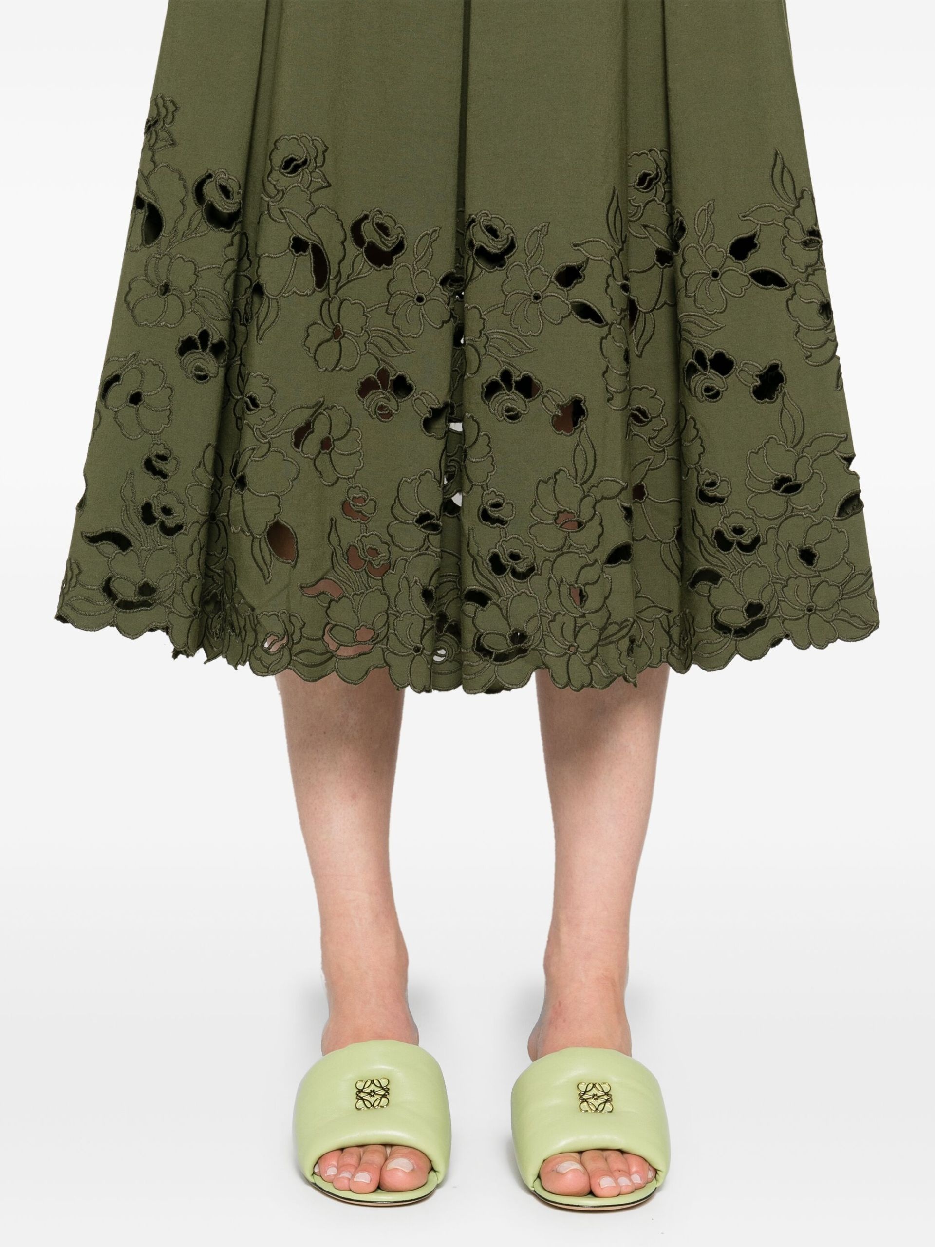 Green Floral-Embroidered Midi Skirt - 5