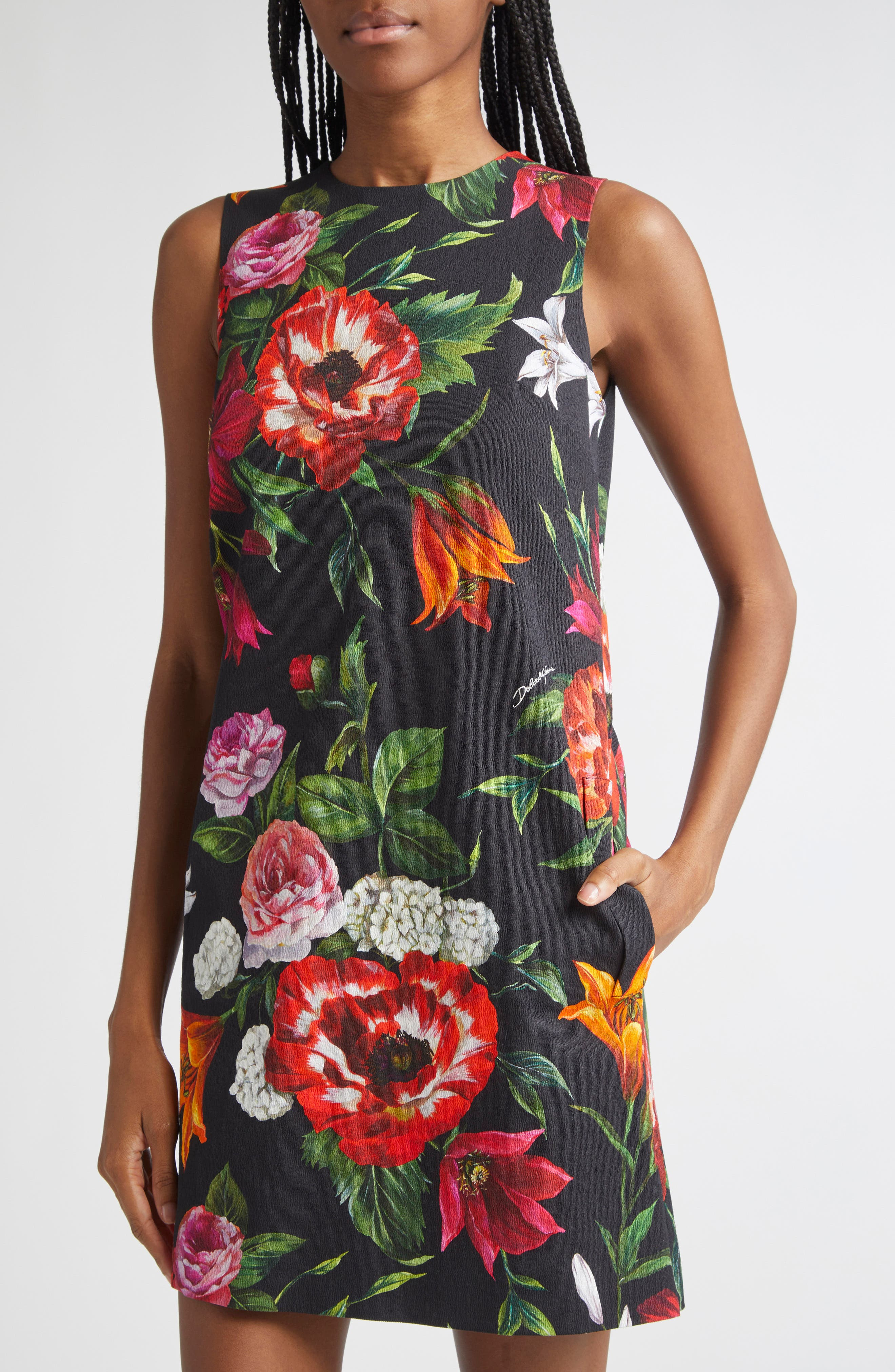 Dolce&Gabbana Floral Print Stretch Faille Shift Dress in Hn5Pb Anemoni Gigli F.nero at Nordstrom - 4