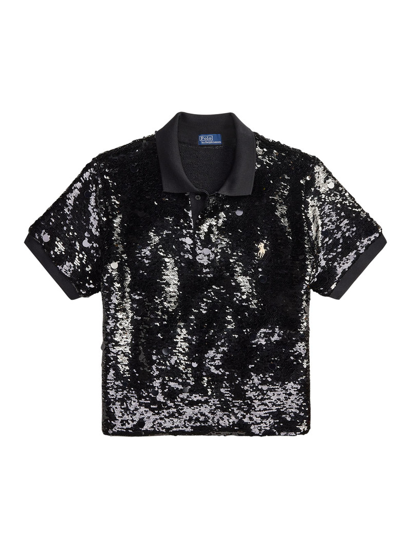 Women's Sequined Slim-Fit Polo Top - Polo Black 1