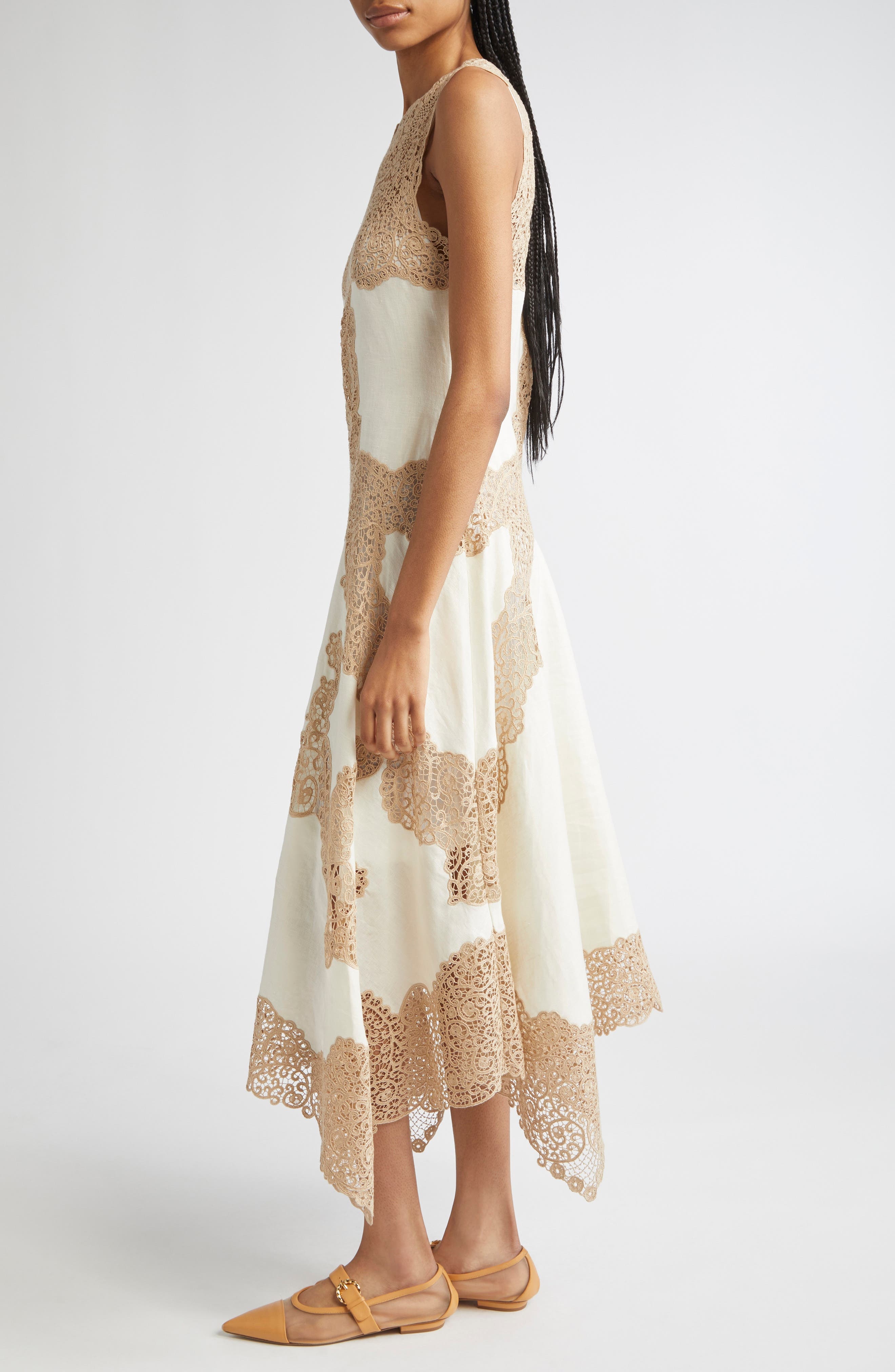 Ulla Johnson Arlette Lace Detail Handkerchief Hem Linen Dress in Travertine at Nordstrom - 3