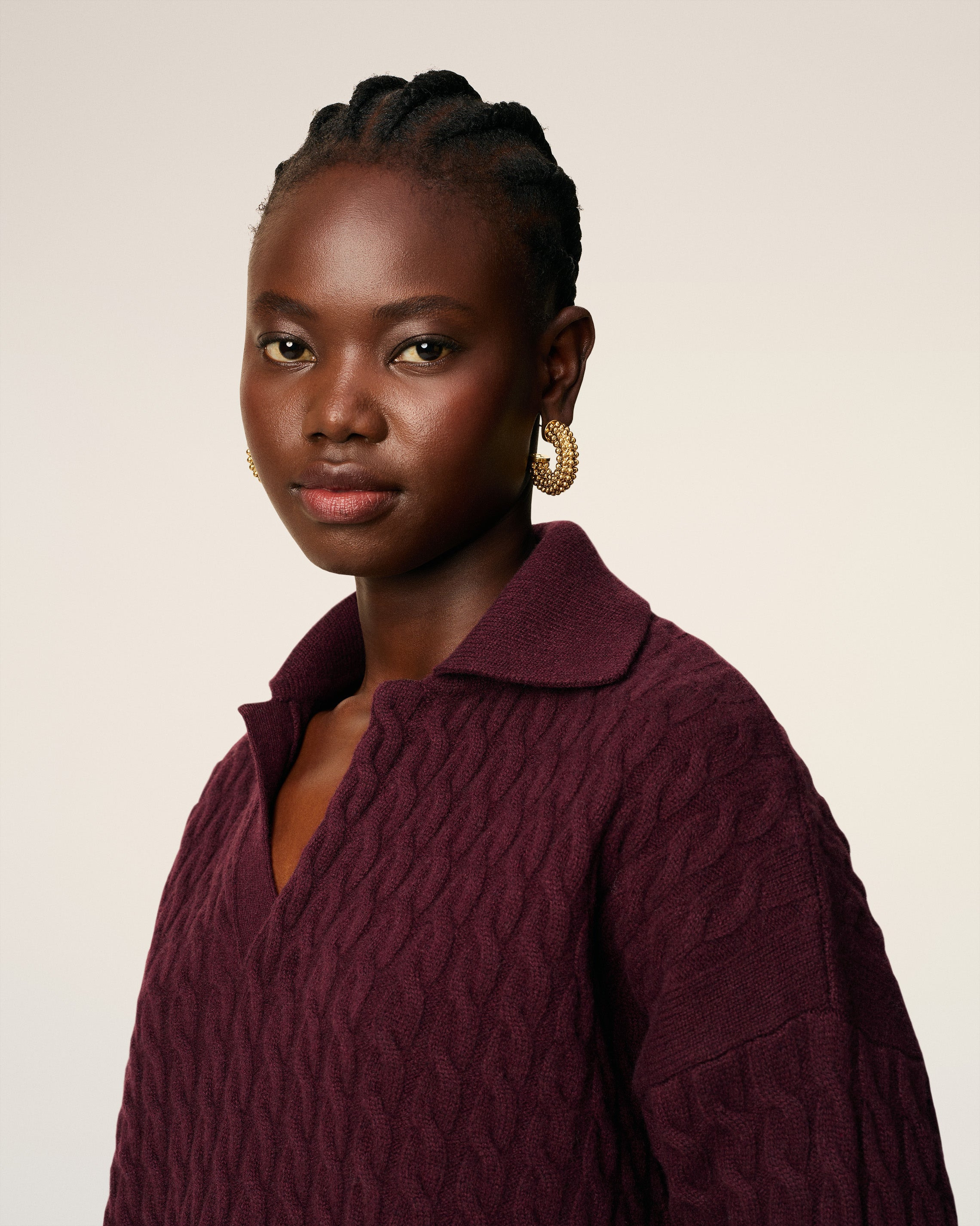 BURGUNDY WOOL CABLES KNIT POLO - 4