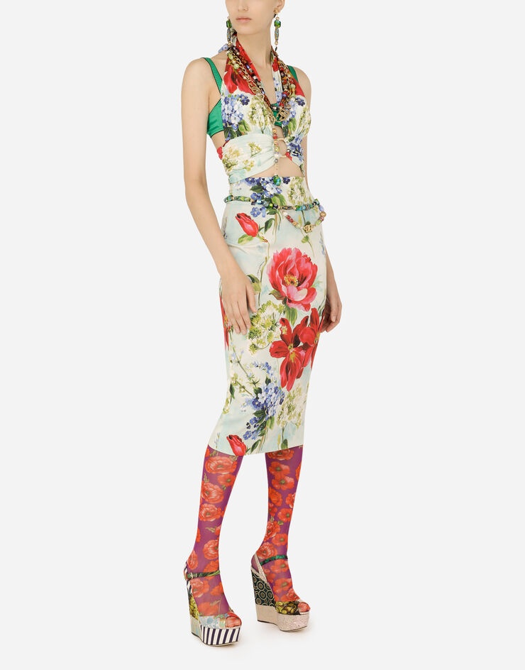 Charmeuse calf-length dress with garden print - 6