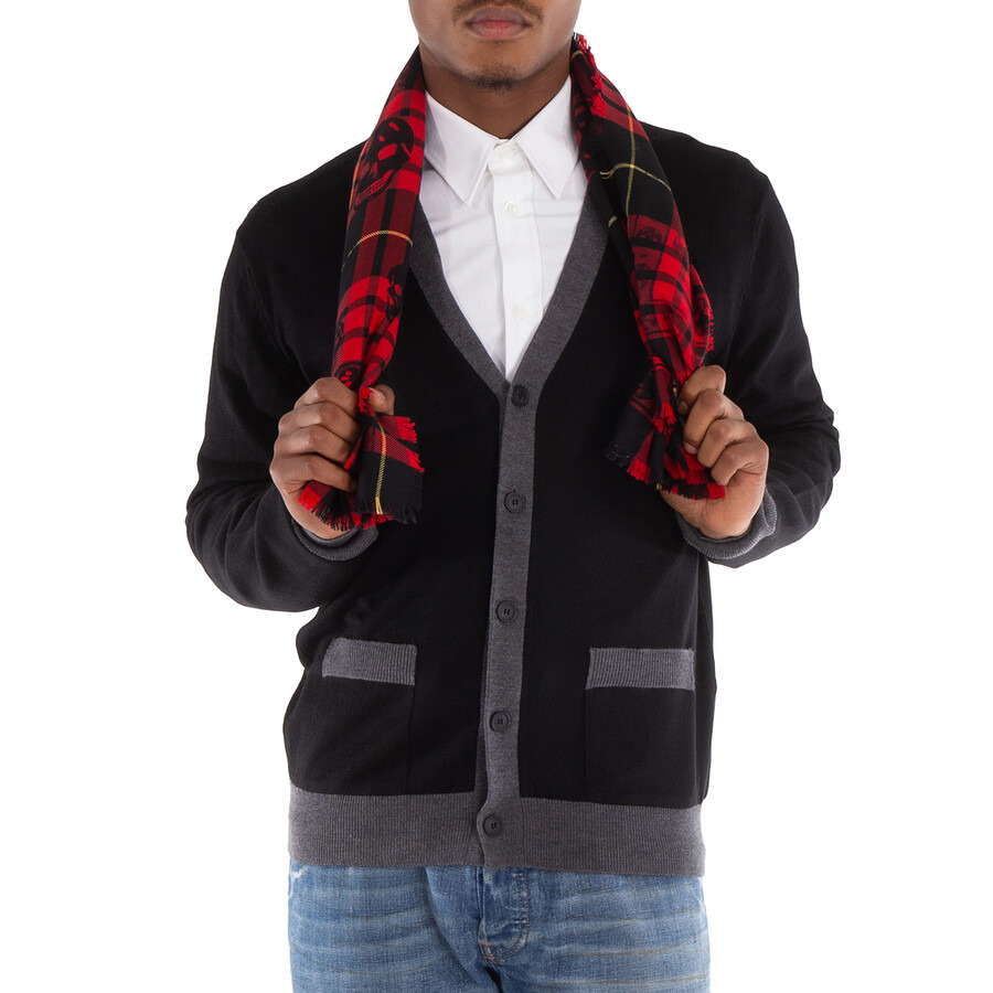 Alexander McQueen Men's Red/Black Skull Tartan Wool Scarf - 4