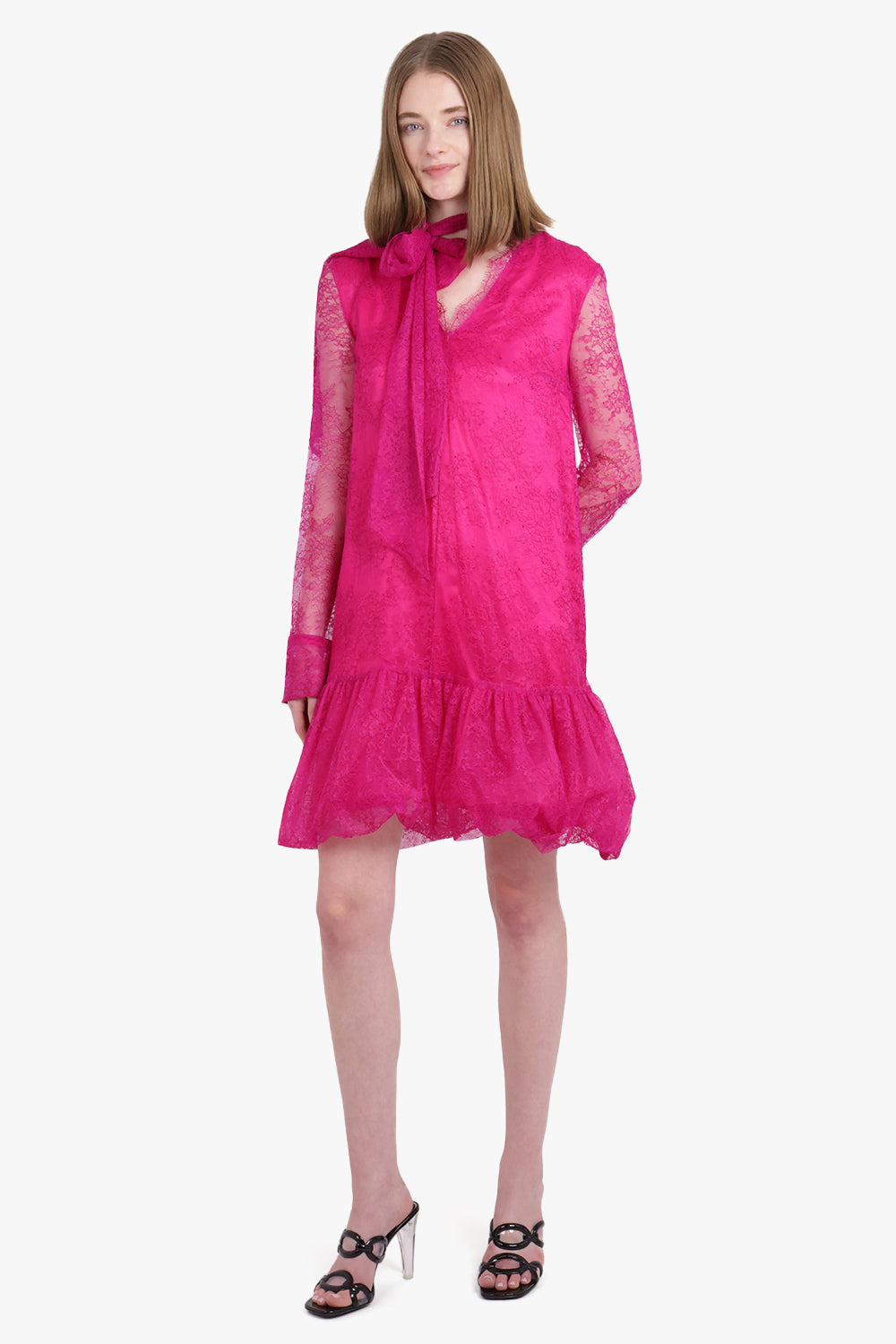 V-NECK RUFFLE LACE DRESS | FUSCHIA - 2