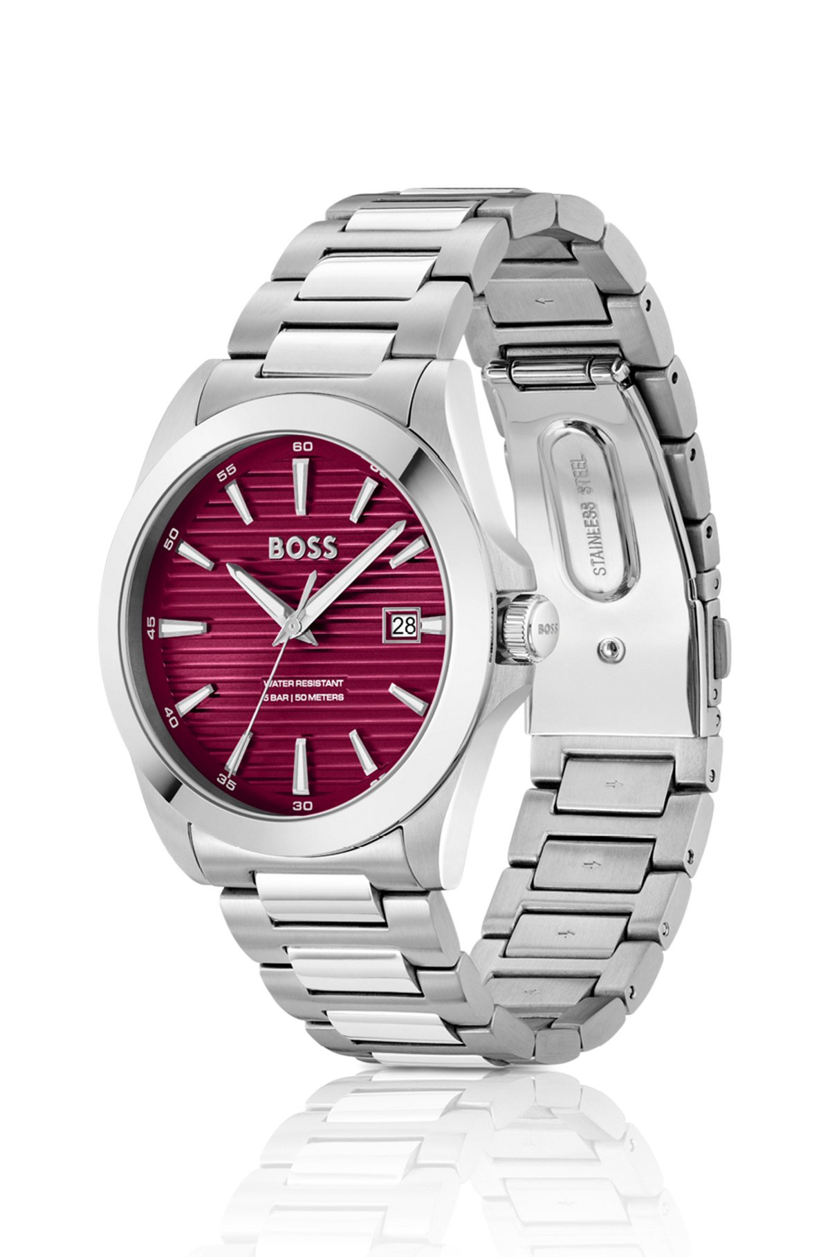 SILVER-TONE WATCH WITH BURGUNDY GROOVED DIAL - 2