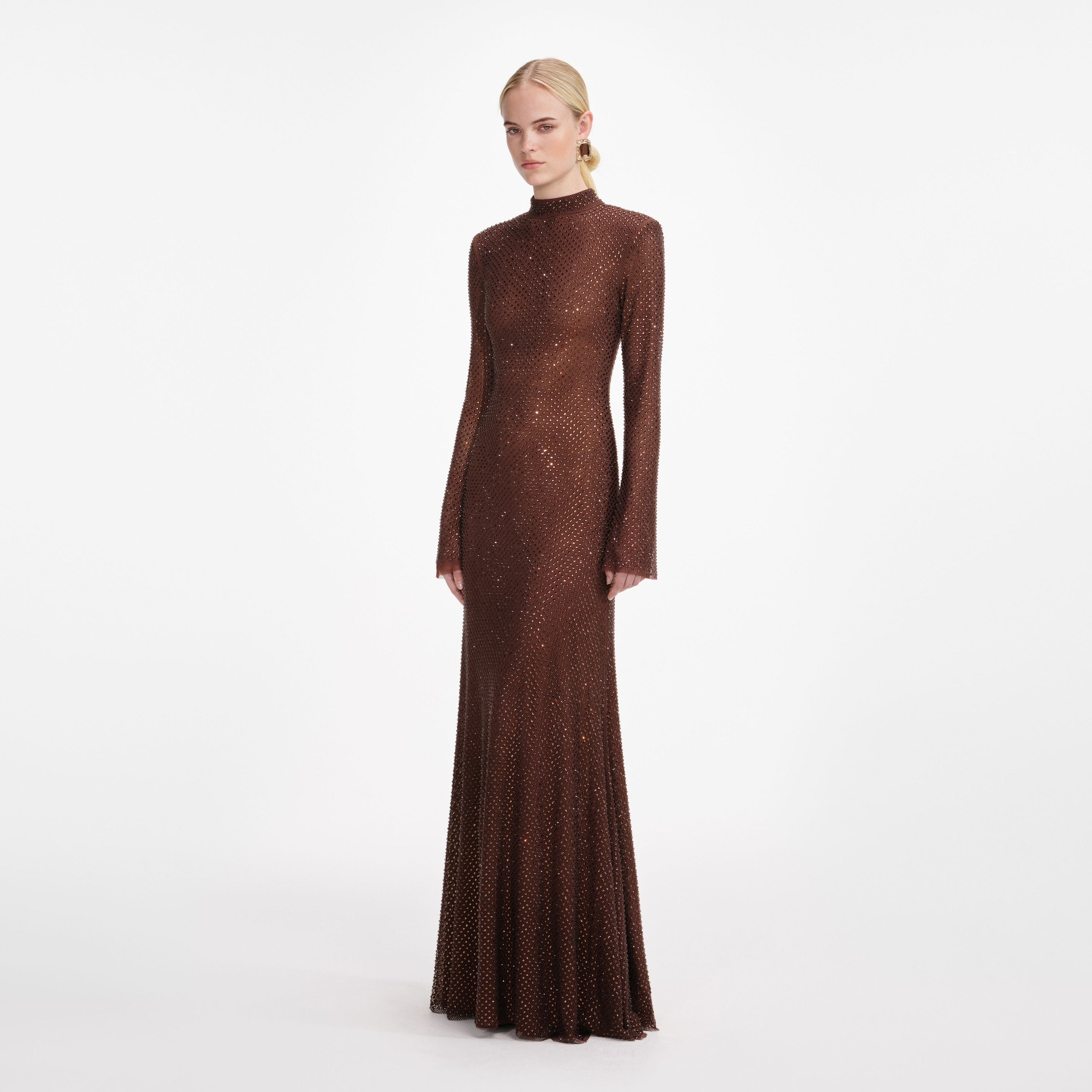 Brown Rhinestone Mesh Maxi Dress - 2
