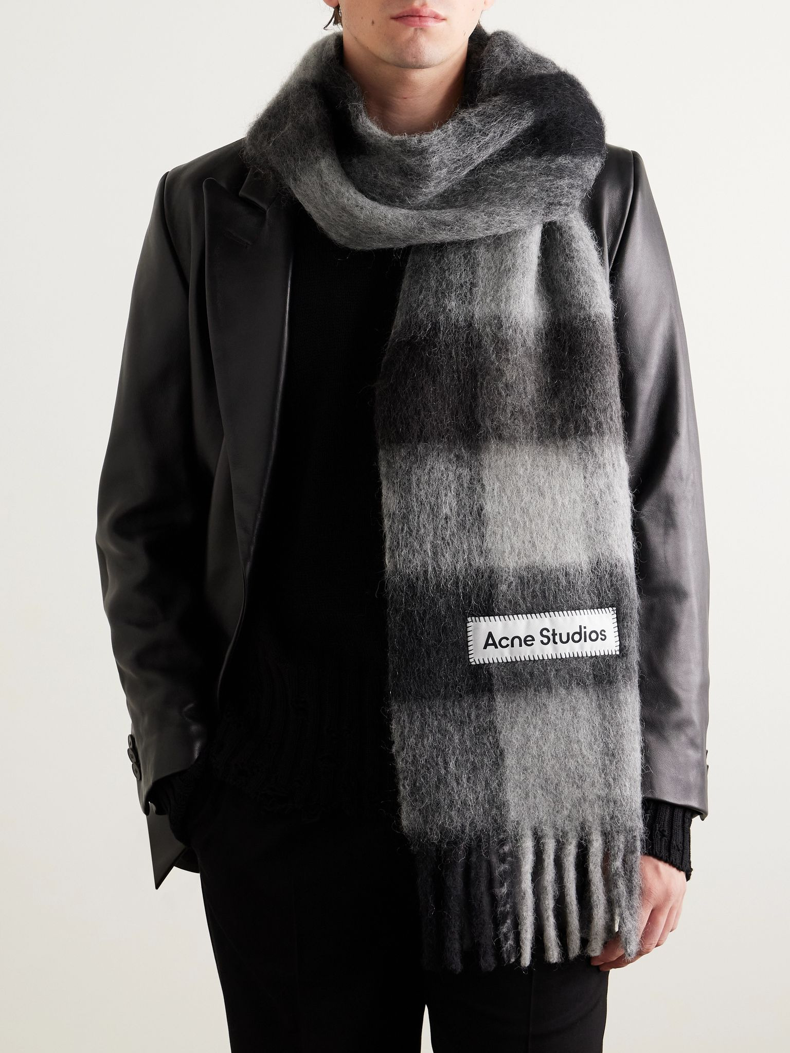 Fringed Checked Knitted Scarf Gray - 2