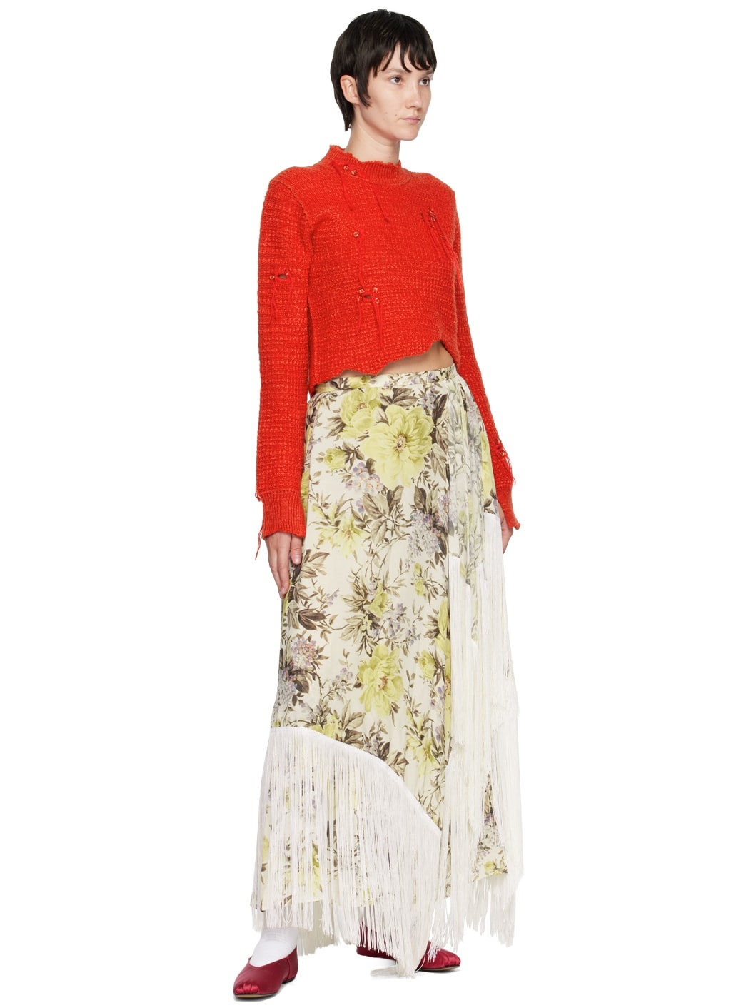 Beige Flower Print Fringe Maxi Skirt - 4