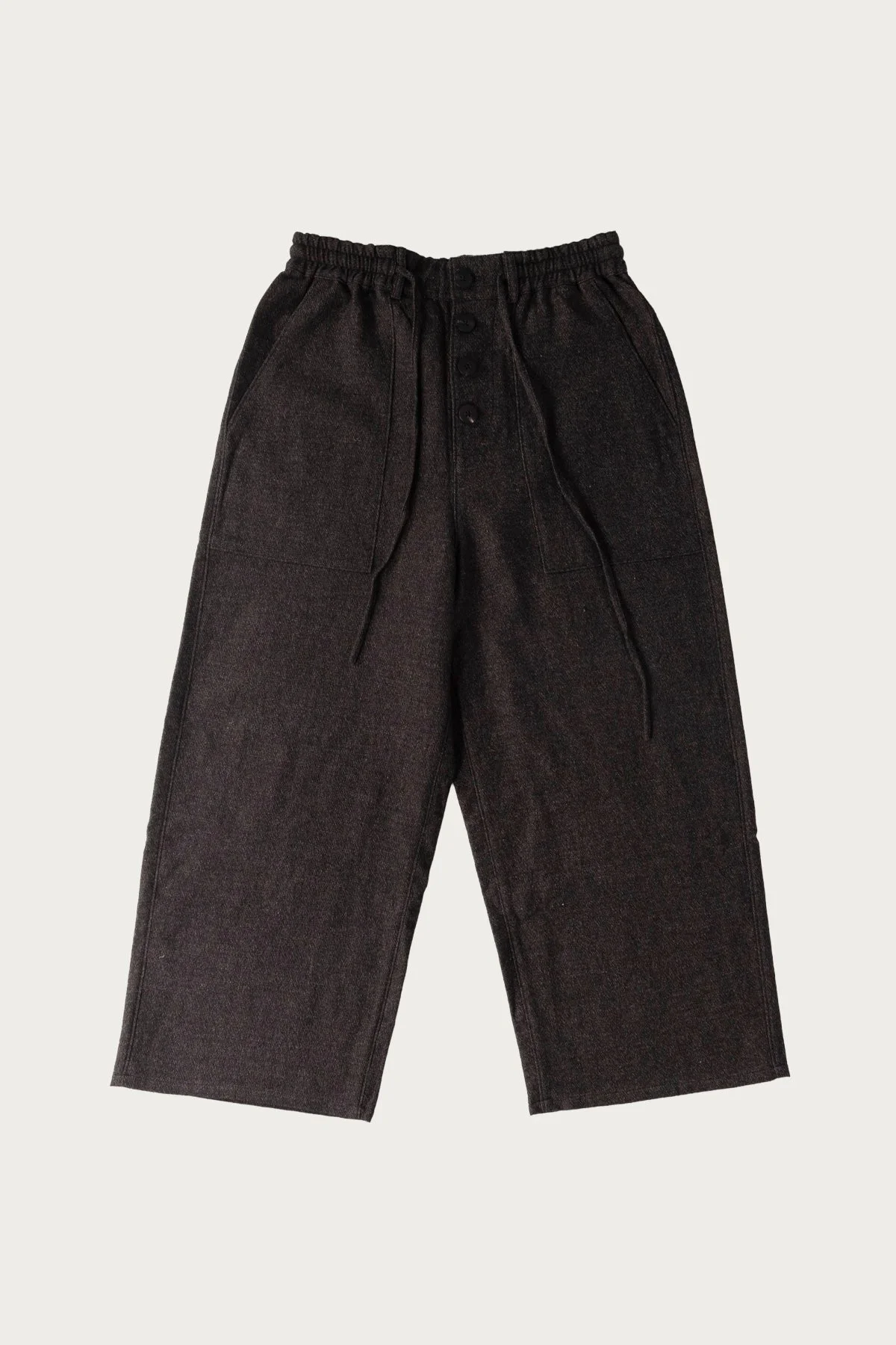 Cropped Drawstring Pants - Charcoal Wool Yak Linen Twill - 1
