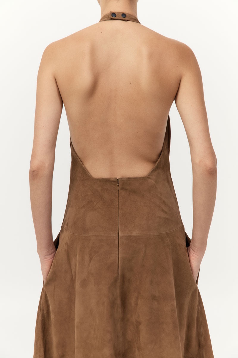 Suede Halter Plunge Dress - Toffee - 4