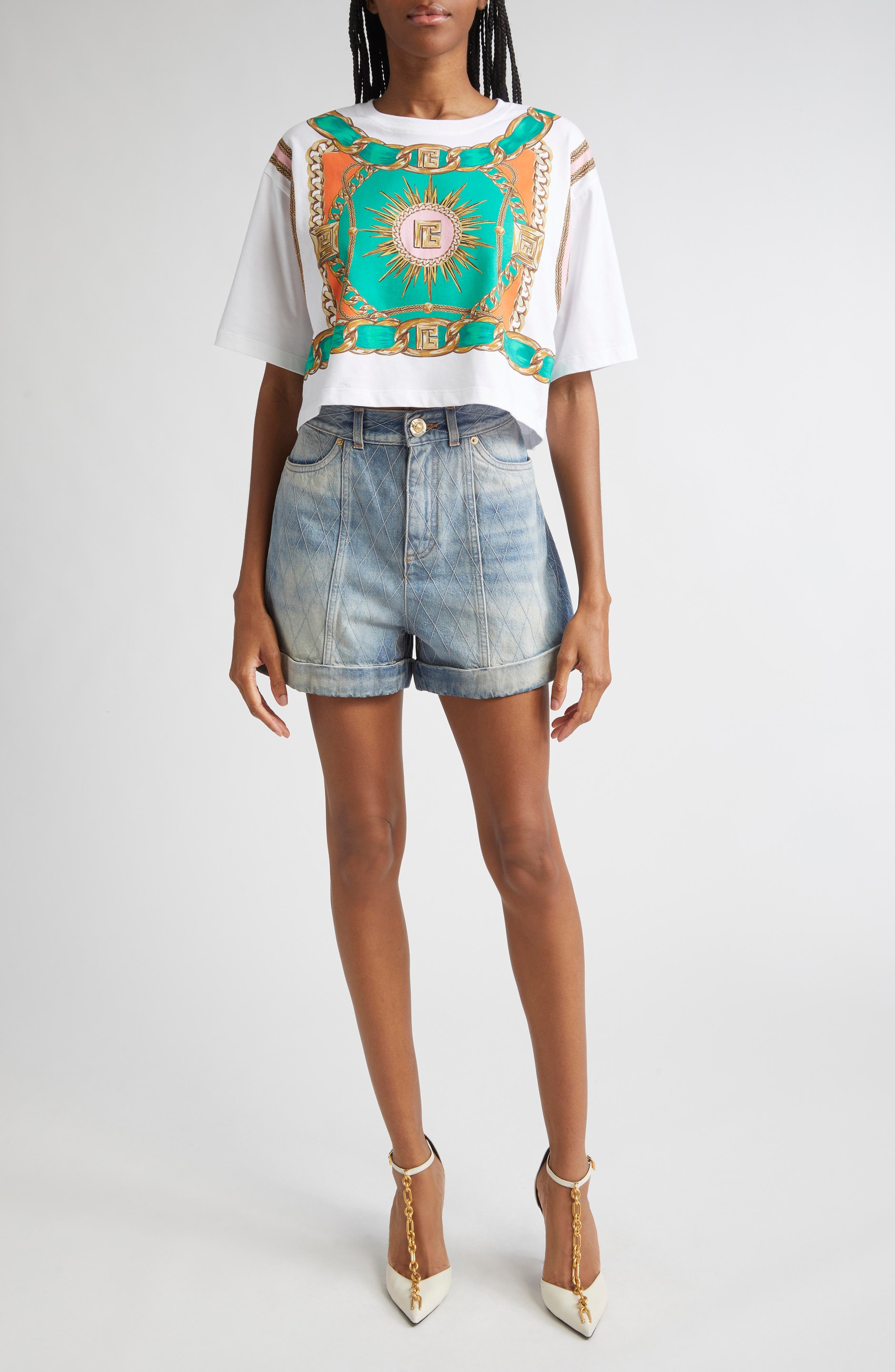 Balmain Foulard Print Crop T-Shirt in Gsr White Multi at Nordstrom - 2