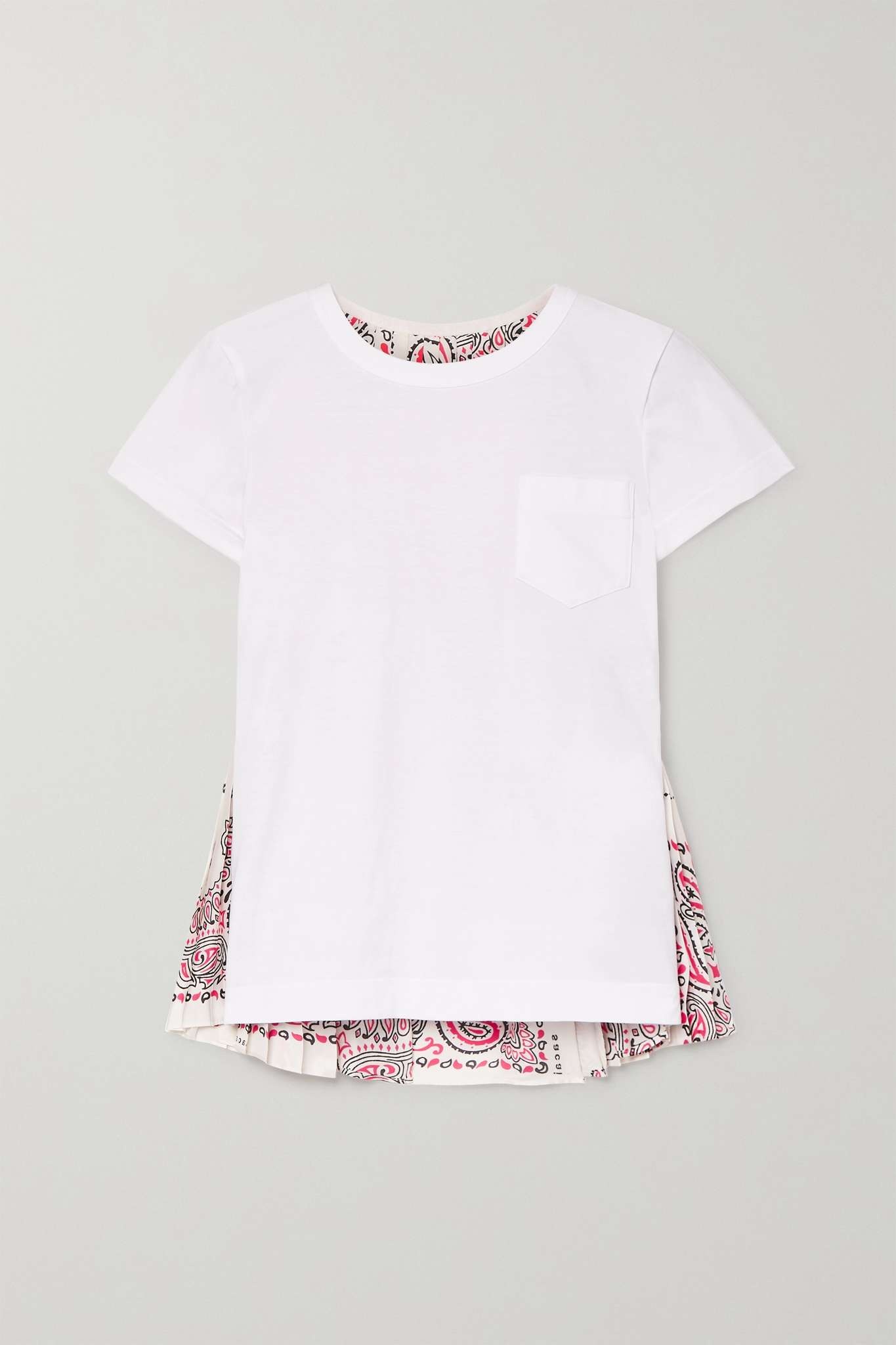 Paneled cotton-jersey and pleated paisley-print satin T-shirt - 1