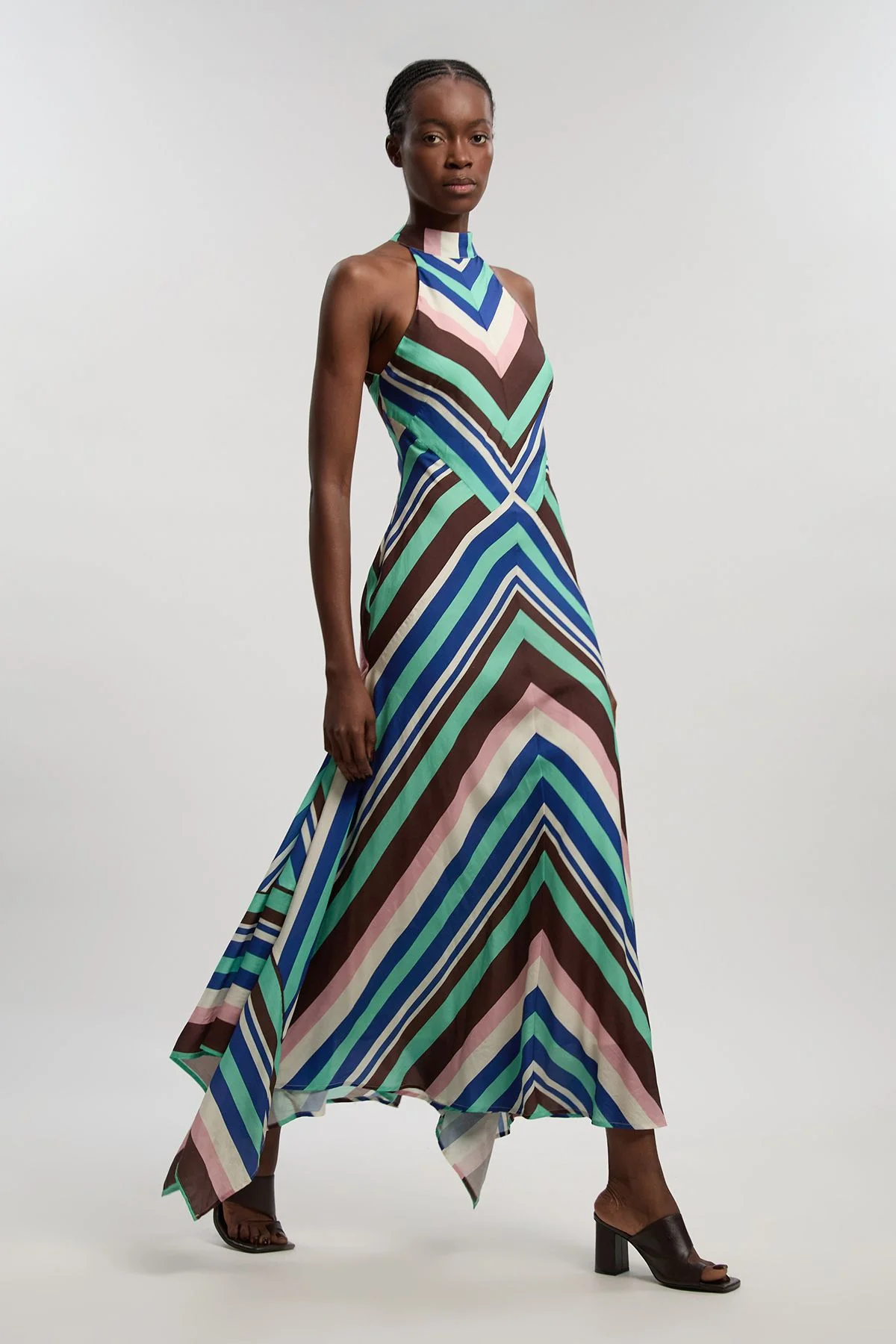 Multi Fluid Stripe Cotton Mix Woven Halter Dress - 1