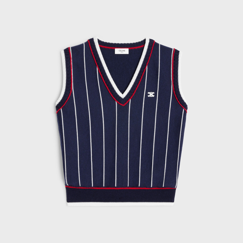 sleeveless V-neck jumper in striped wool 1