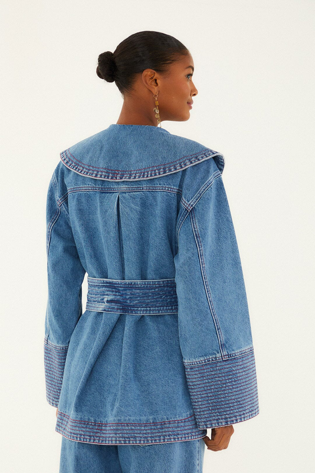 Denim Collared Belted Trench Coat - 4