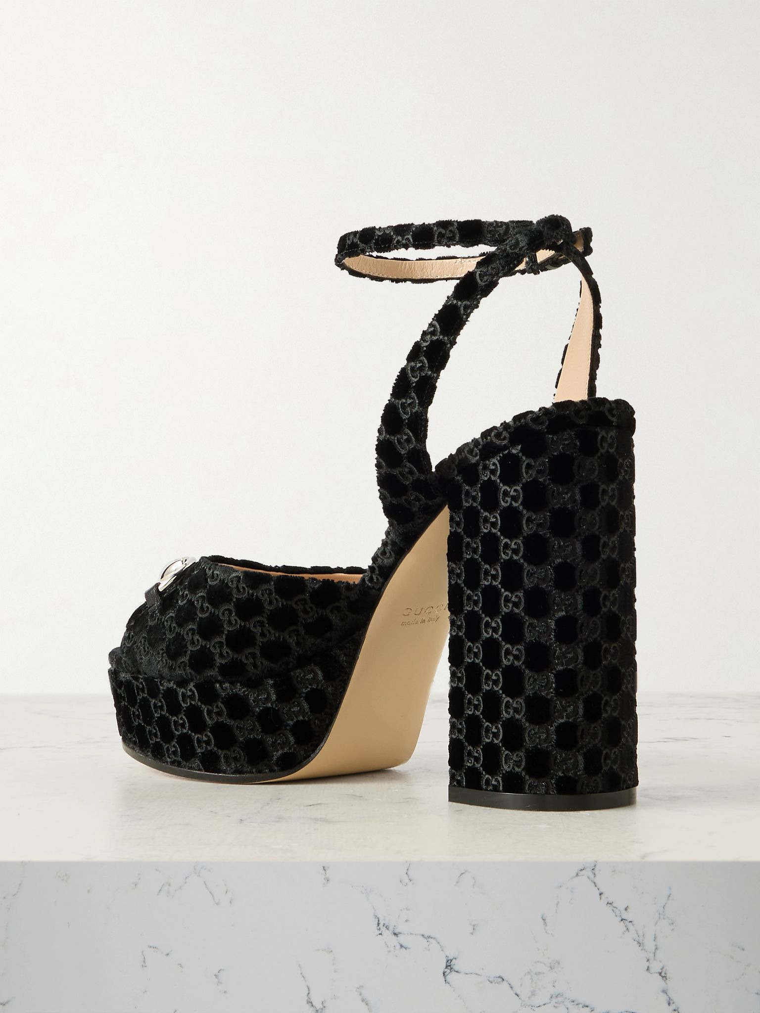 Lady horsebit-detailed velvet-jacquard platform sandals Black - 3