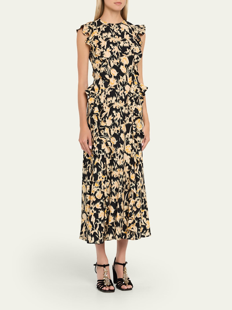 ULLA JOHNSON Flo Floral Flutter-Sleeve Midi Dress outlook