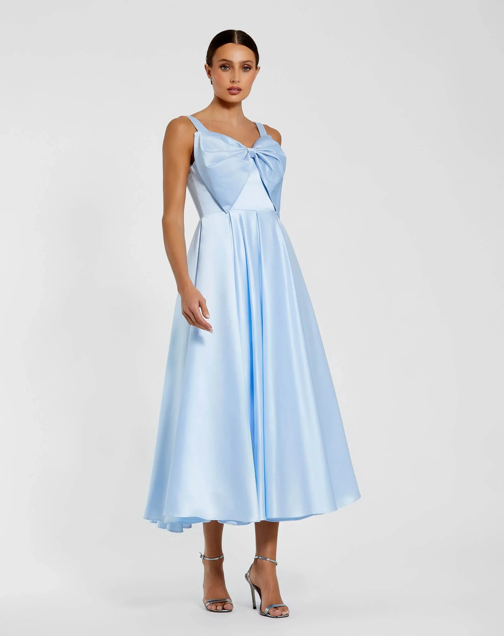 Blue Satin Midi Dress with Oversized Bow - 1