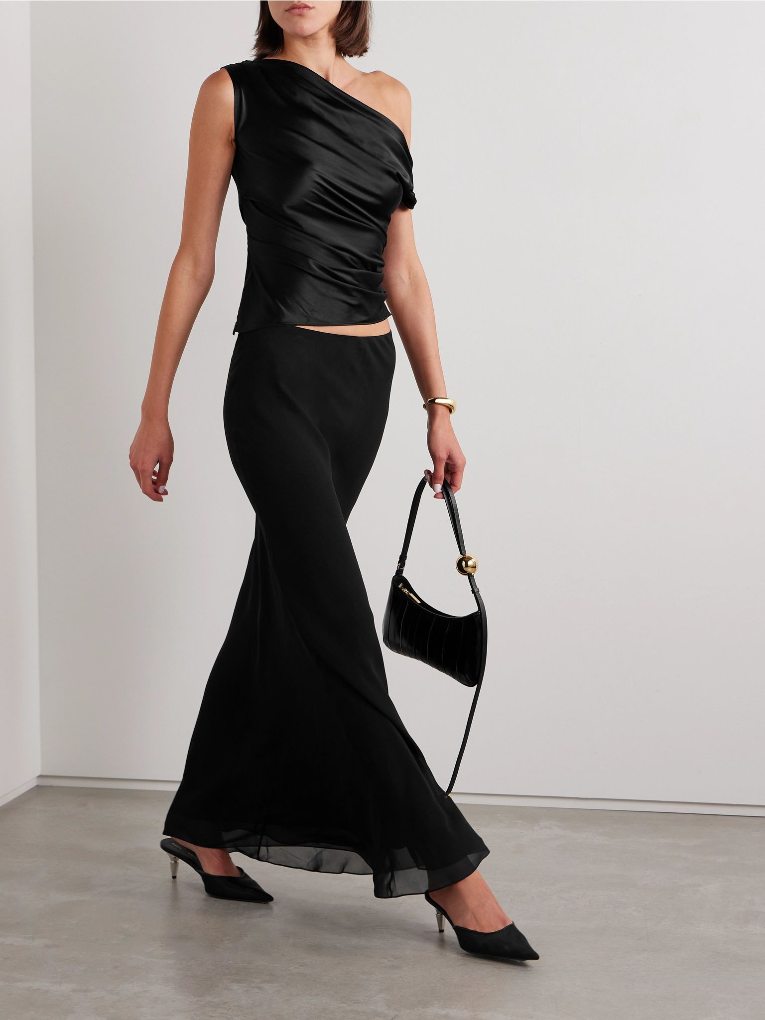 Phare one-shoulder draped silk-blend satin top Black - 2