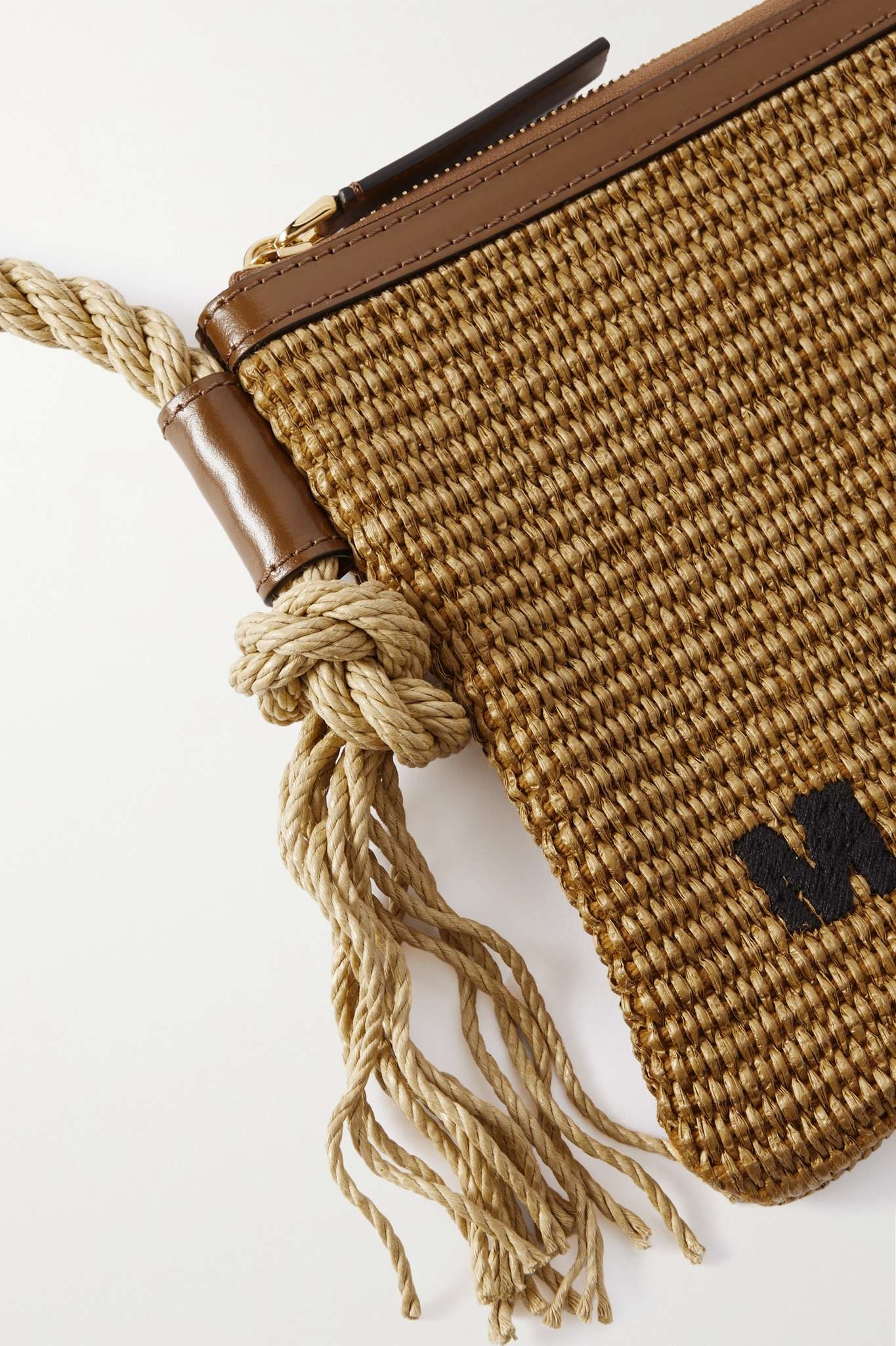 Marcel leather-trimmed embroidered raffia shoulder bag - 4