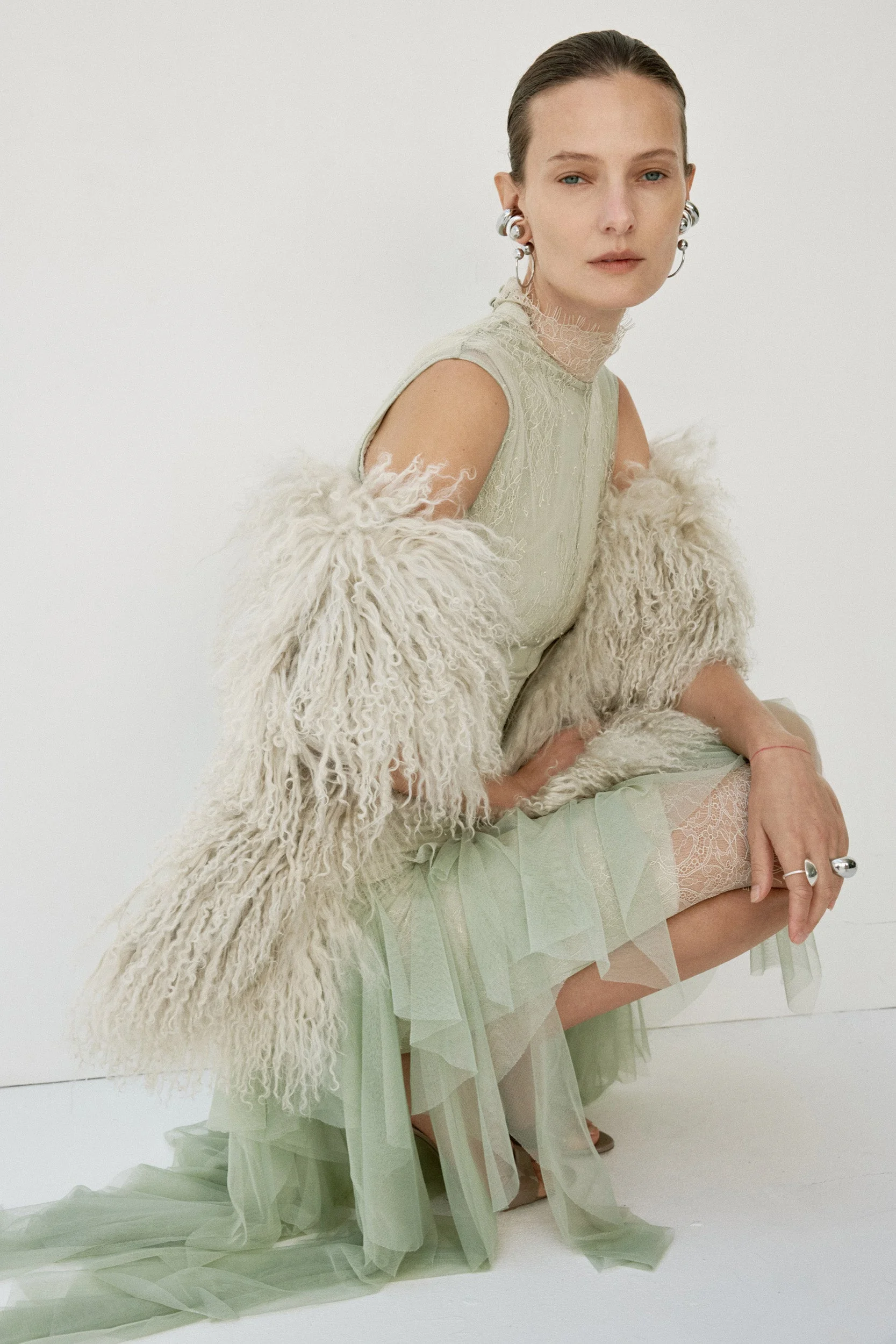 ZERAPHINE FUR SHAWL IN CREAM MONGOLIAN FUR - 1