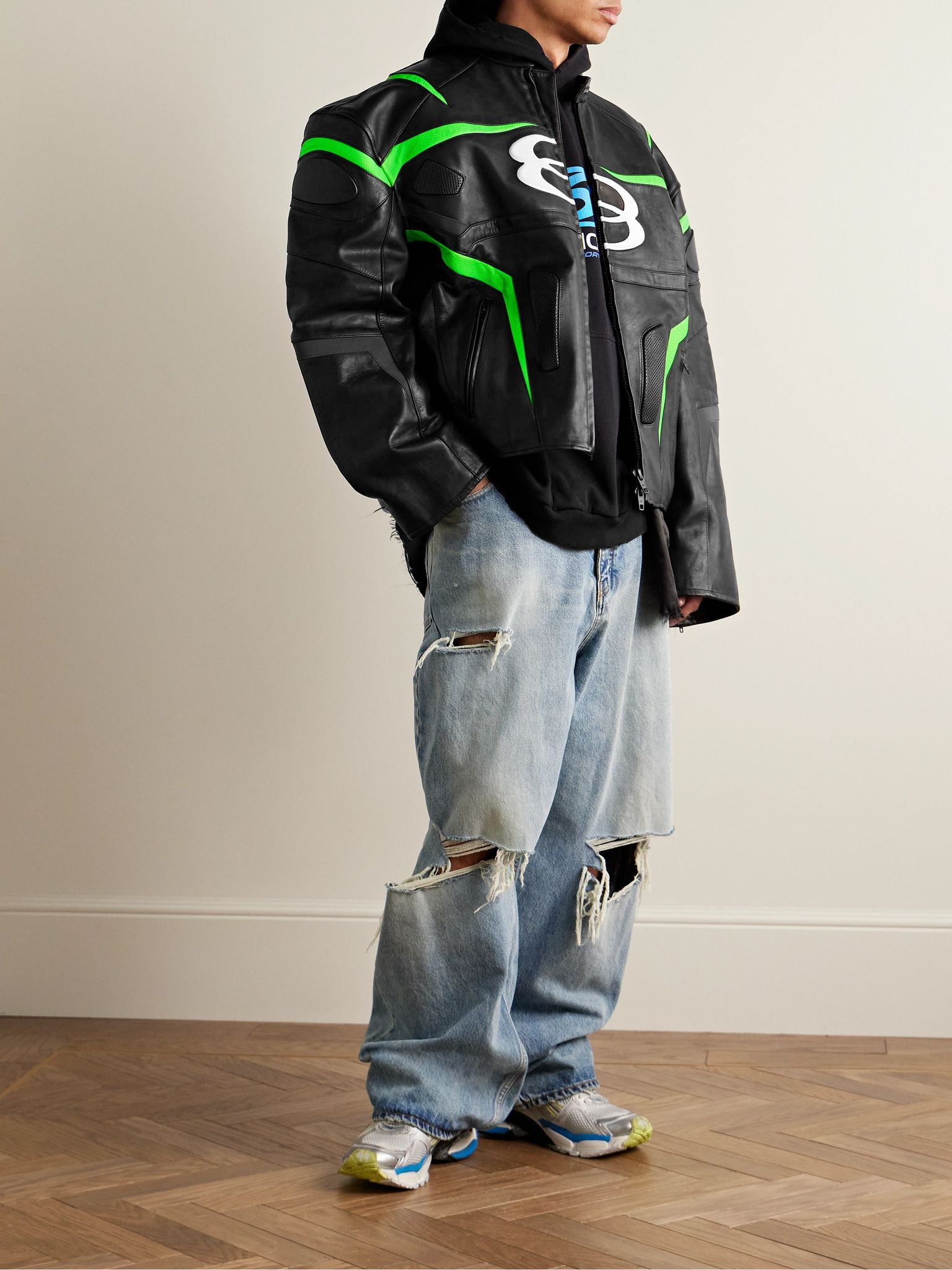 Racer Oversized Distressed Panelled Leather Jacket Black - 2