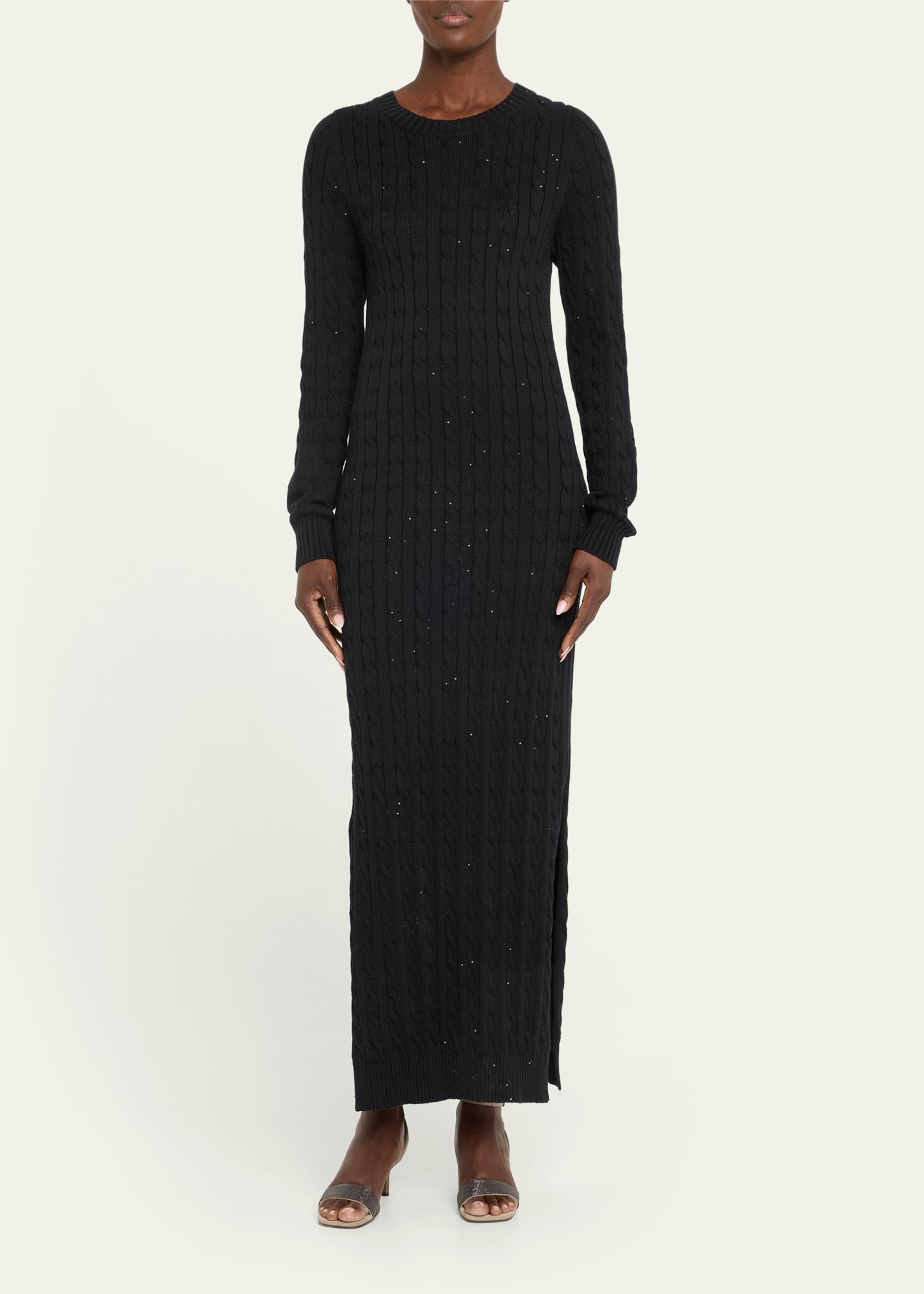 Paillette Cotton Cable-Knit Long-Sleeve Slits Sweater Gown - 2