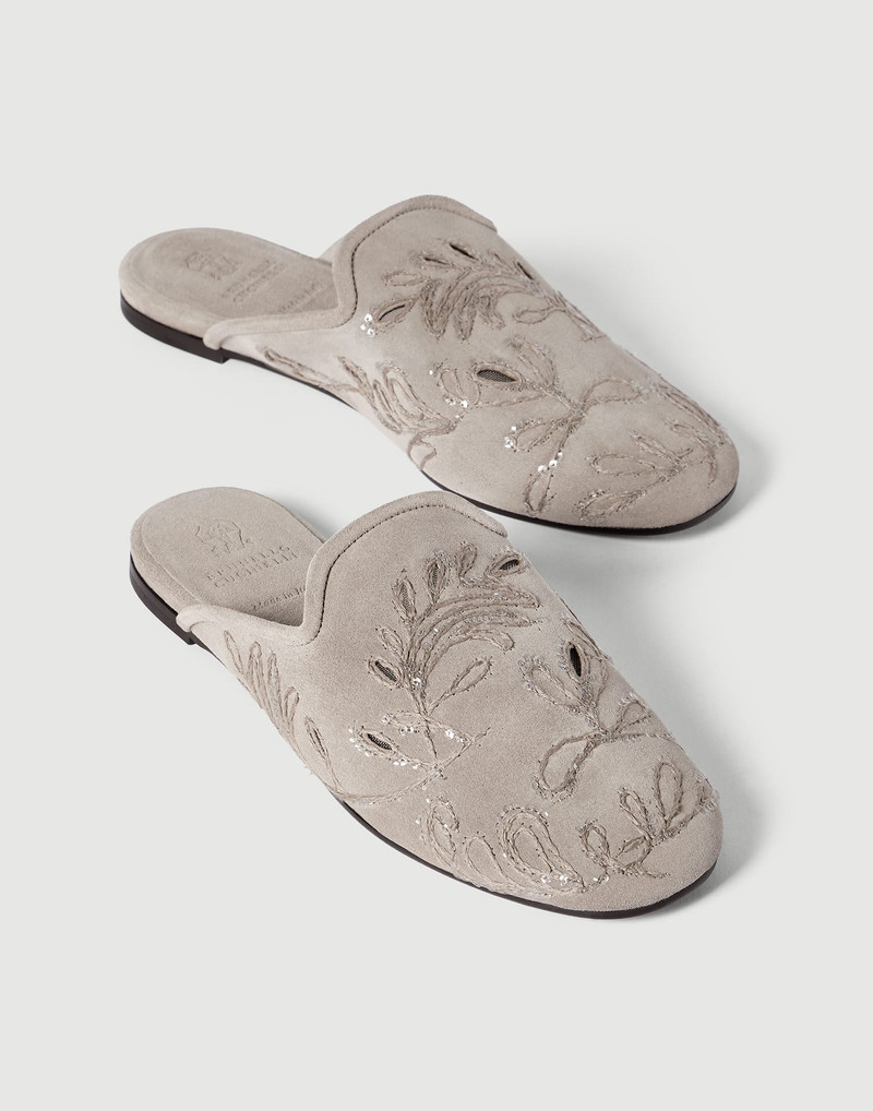 Suede mules with dazzling broderie anglaise 4
