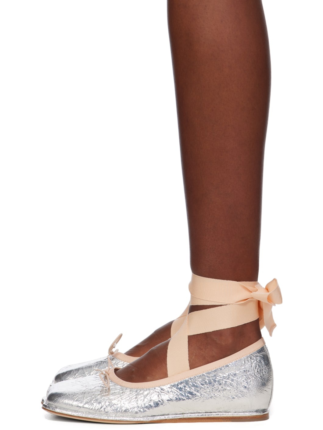 Silver Heart Toe Ribbon Bow Ballerina Flats - 3