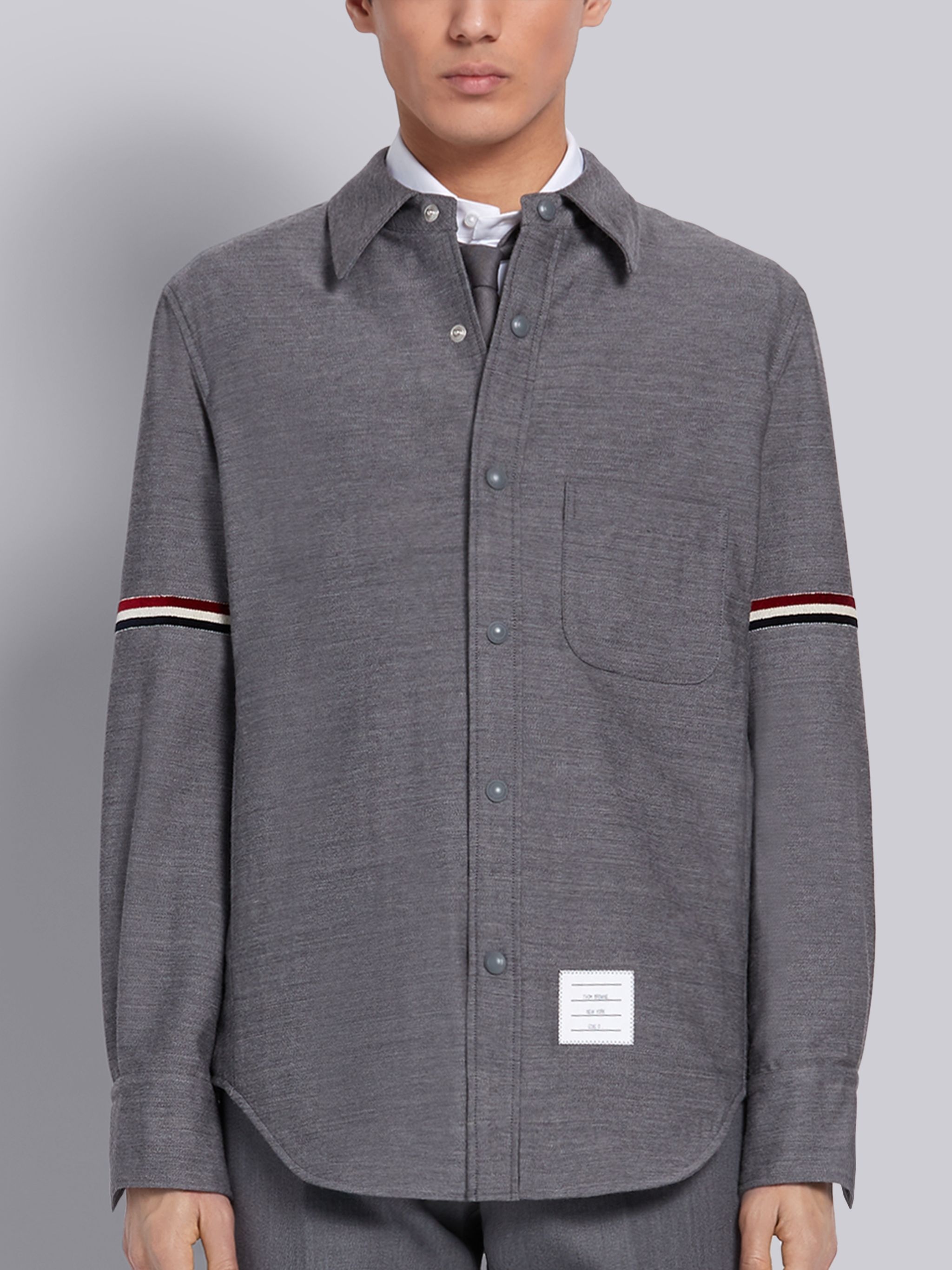 Medium Grey Wool Cotton Suiting Tricolor Velvet Stripe Shirt Jacket - 1