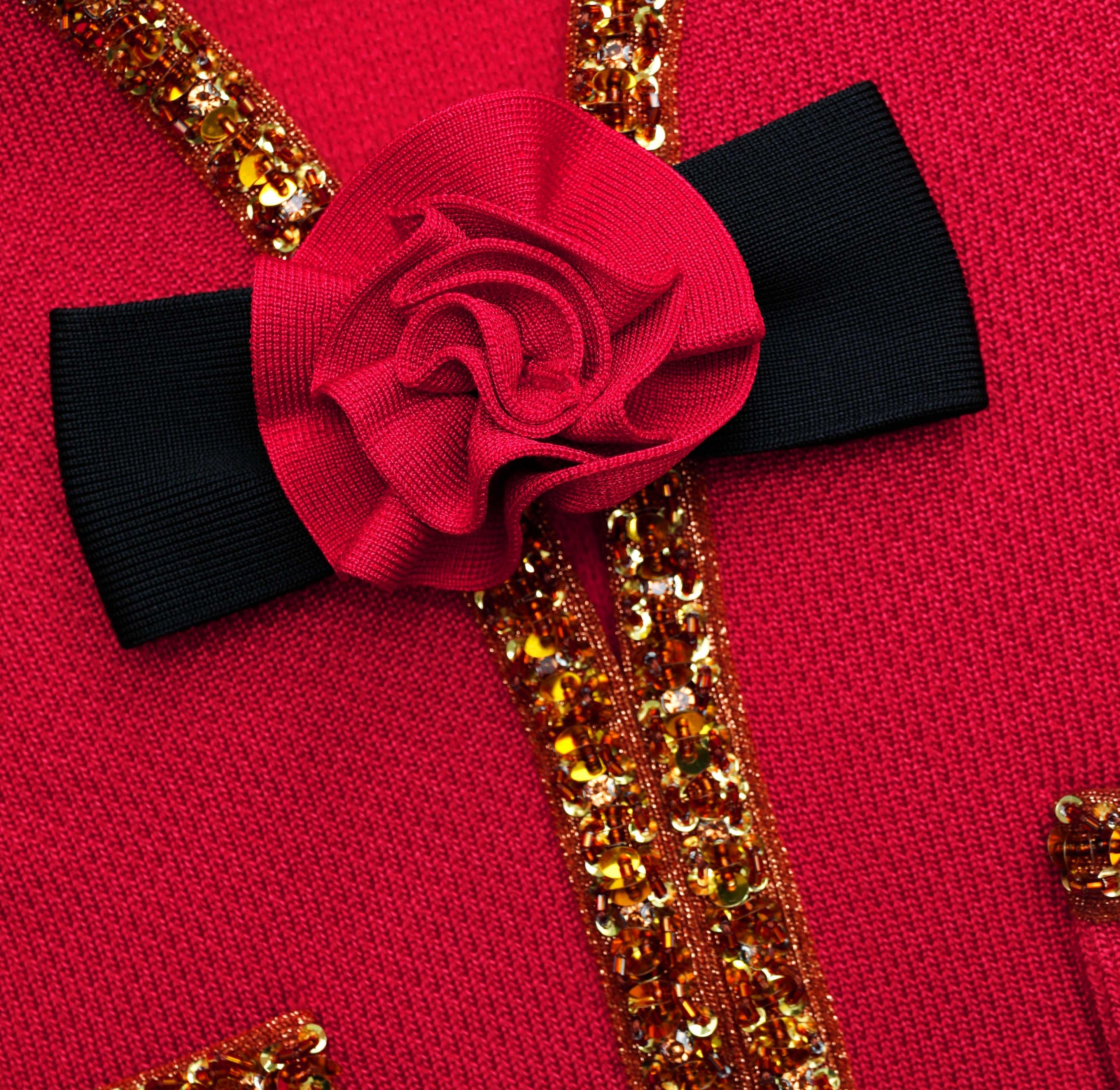 Red Textured Knit Corsage Midi Skirt - 5