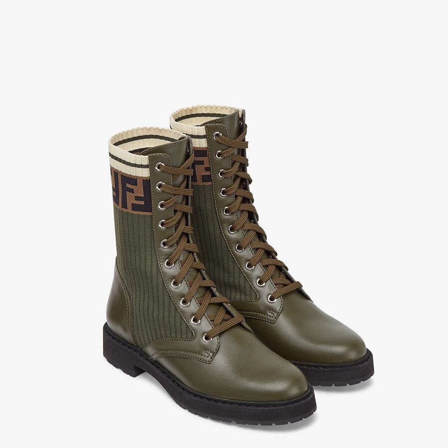 Green leather biker boots with stretch fabric - 8