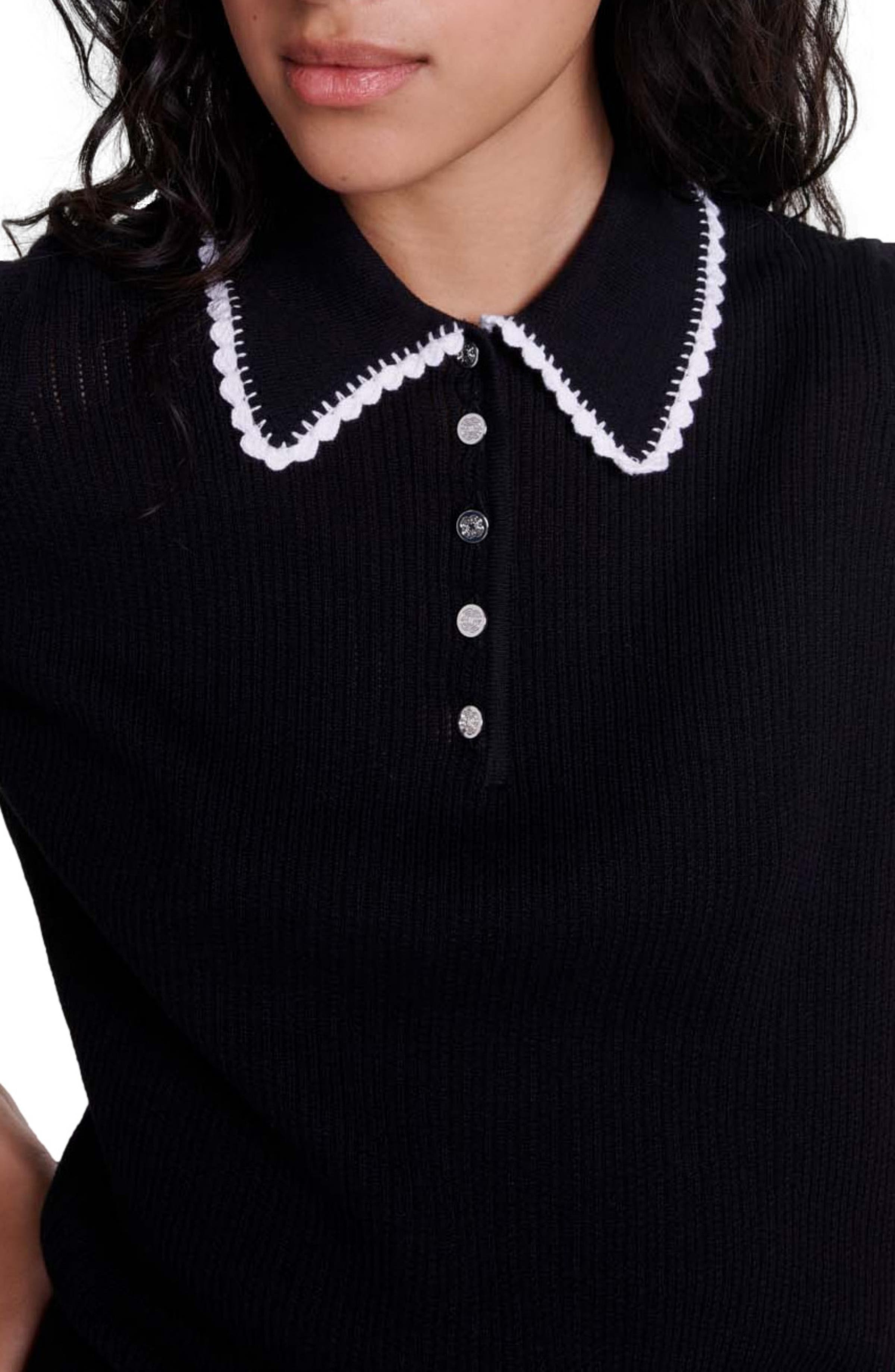 maje Pointelle knit polo shirt in Black at Nordstrom - 6